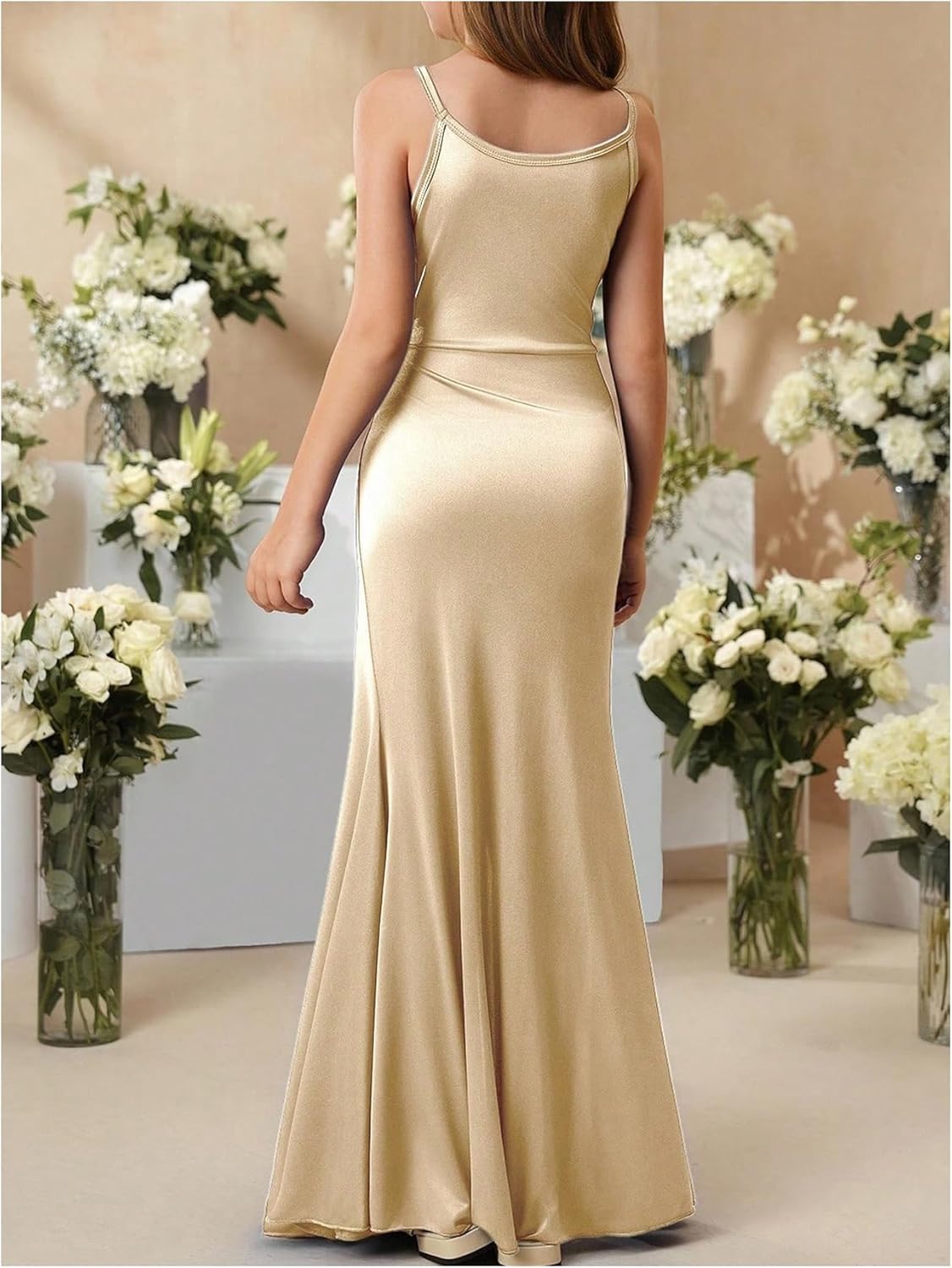 SHENHE Girl's Satin Spaghetti Strap Junior Bridesmaid Flower Girl Dress Fishtail Maxi Slit Dress - Image 2