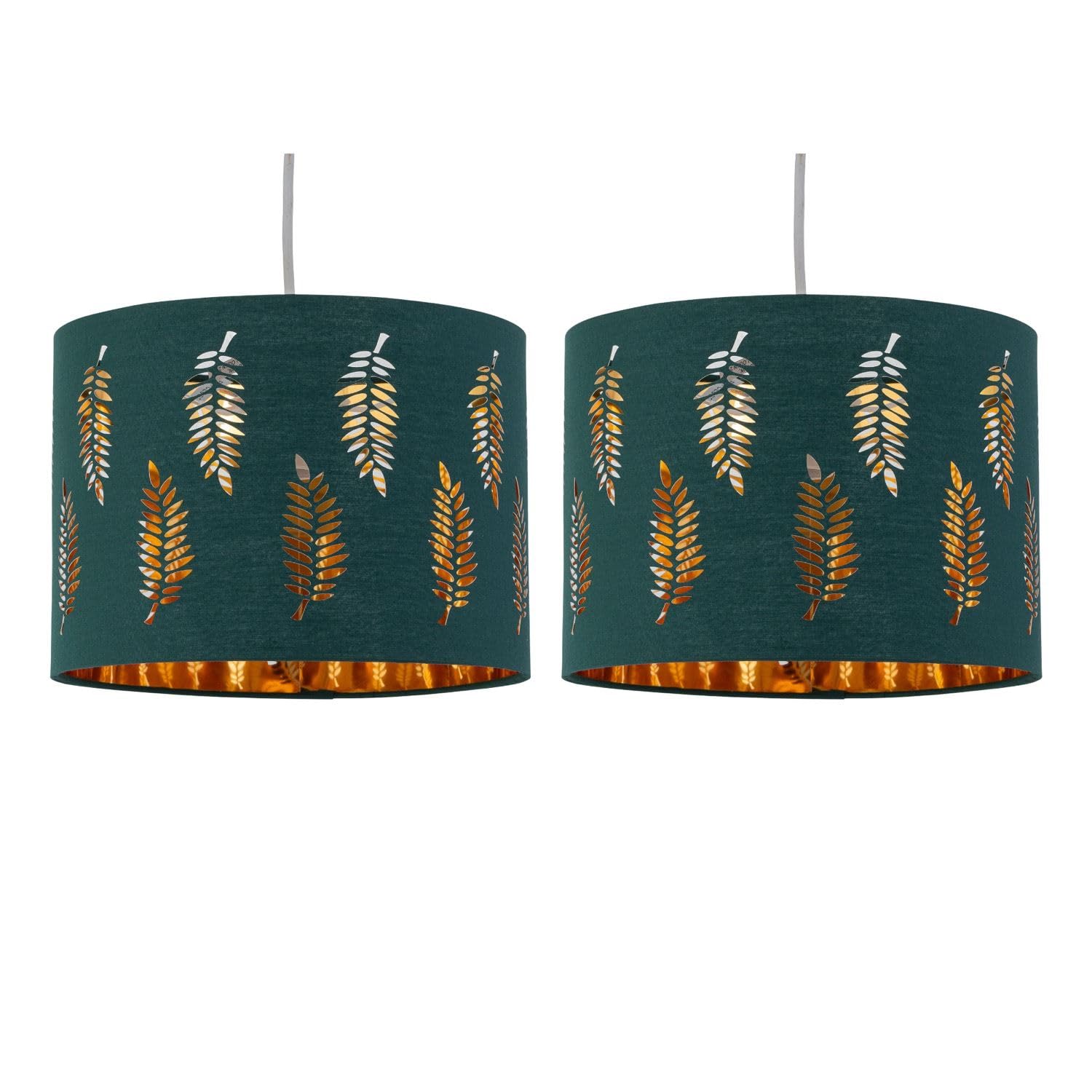 Firstchoicelighting Green Set Of 2 Dark Pendant Shades, Easy Fit Ceiling Lightshades, Fern Leaf Cut Out Design, Diameter 30Cm