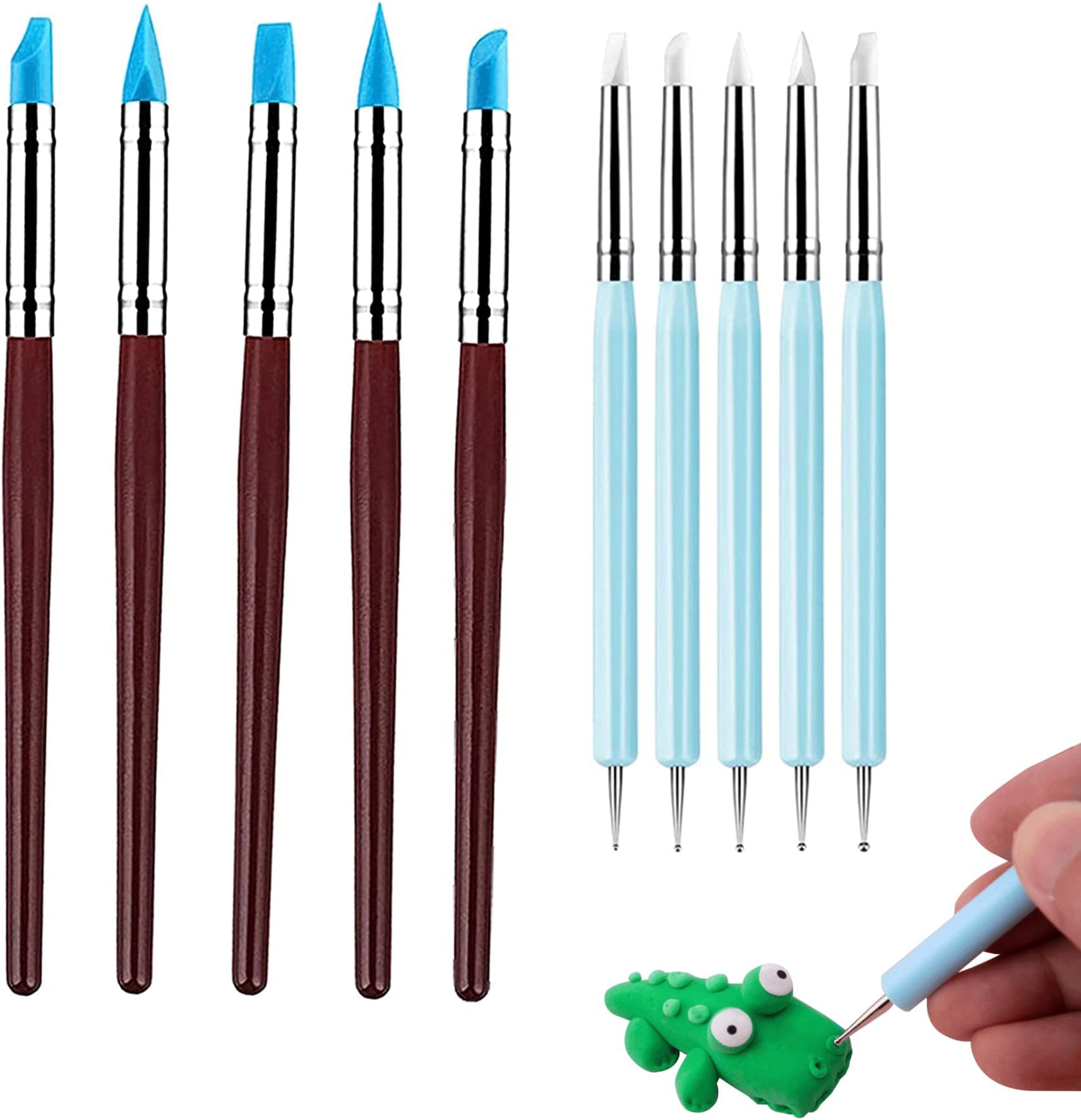 10Pcs Silicone Polymer Clay Sculpting Tools Set Pen Rubber Tip Carving Pen Brush Dotting Tool Clay Modelling Tools Polymer Clay Tools for Pottery Sculpture Cake Fondant Decoration, Blue