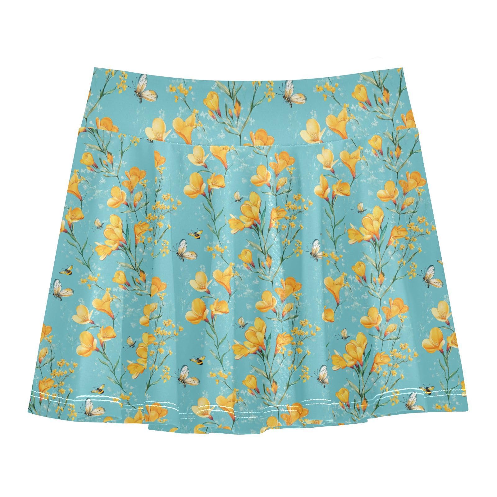 Floral Turquoise Flowy Girls Athletic Skorts with Built in Shorts Youth Cheer Skirt with Pockets Running Skirt for Little Girl