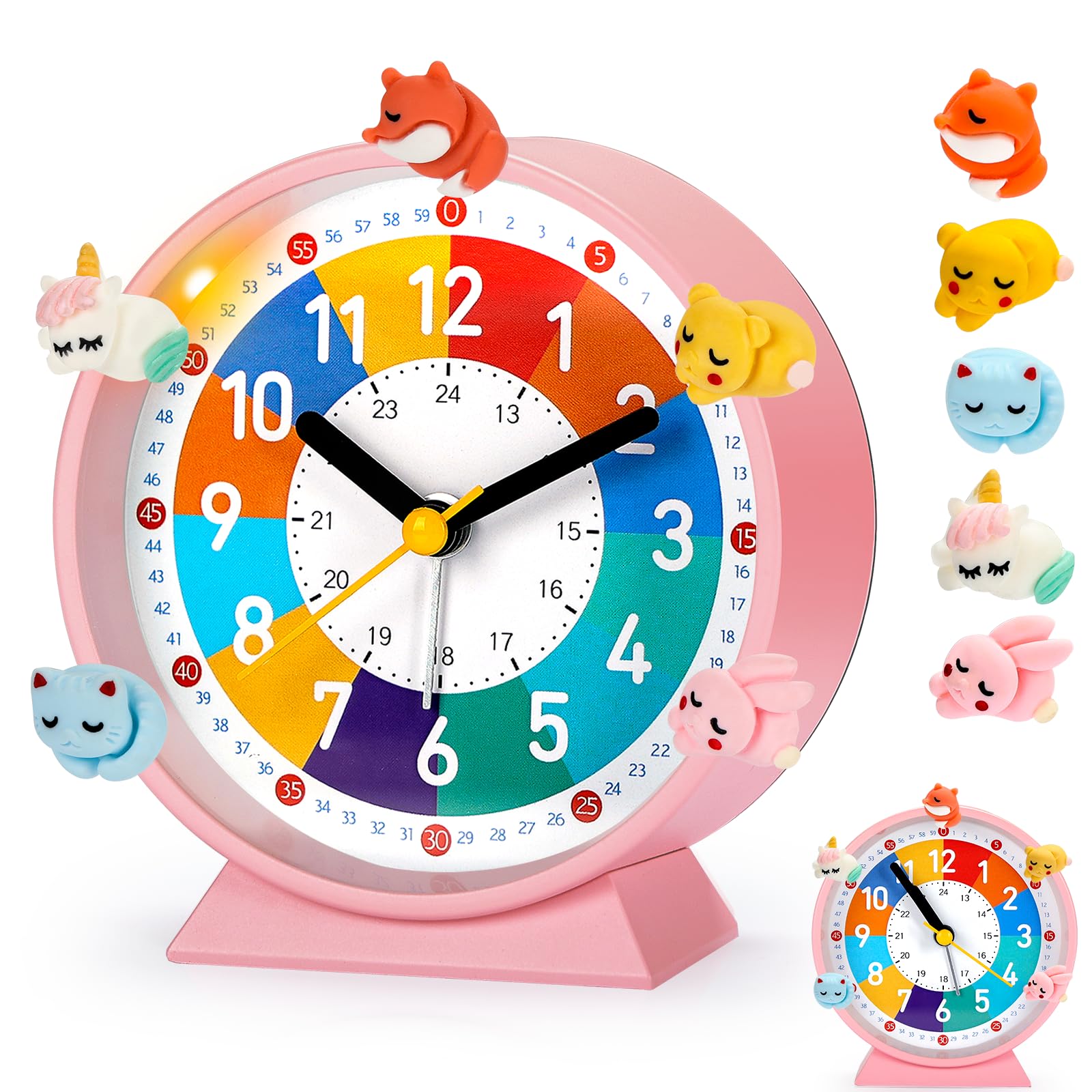 Sveglia Bambini, Adatta Ai Bambini Che Iniziano Ad Andare A Scuola, Nessun Ticchettio, Funzione Luce Notturna E Funzione Snooze, Con 5 Adorabili Decorazioni Per Sveglia Comodino.