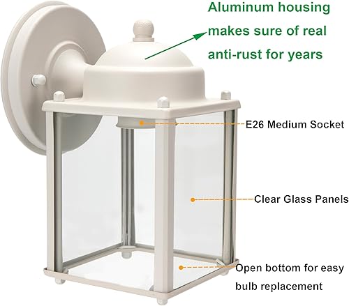 Miniatura 2 de LIT-PaTH Farol de pared para exteriores, aplique de pared como accesorio de iluminación de porche, base mediana E26, carcasa de aluminio más vidrio,