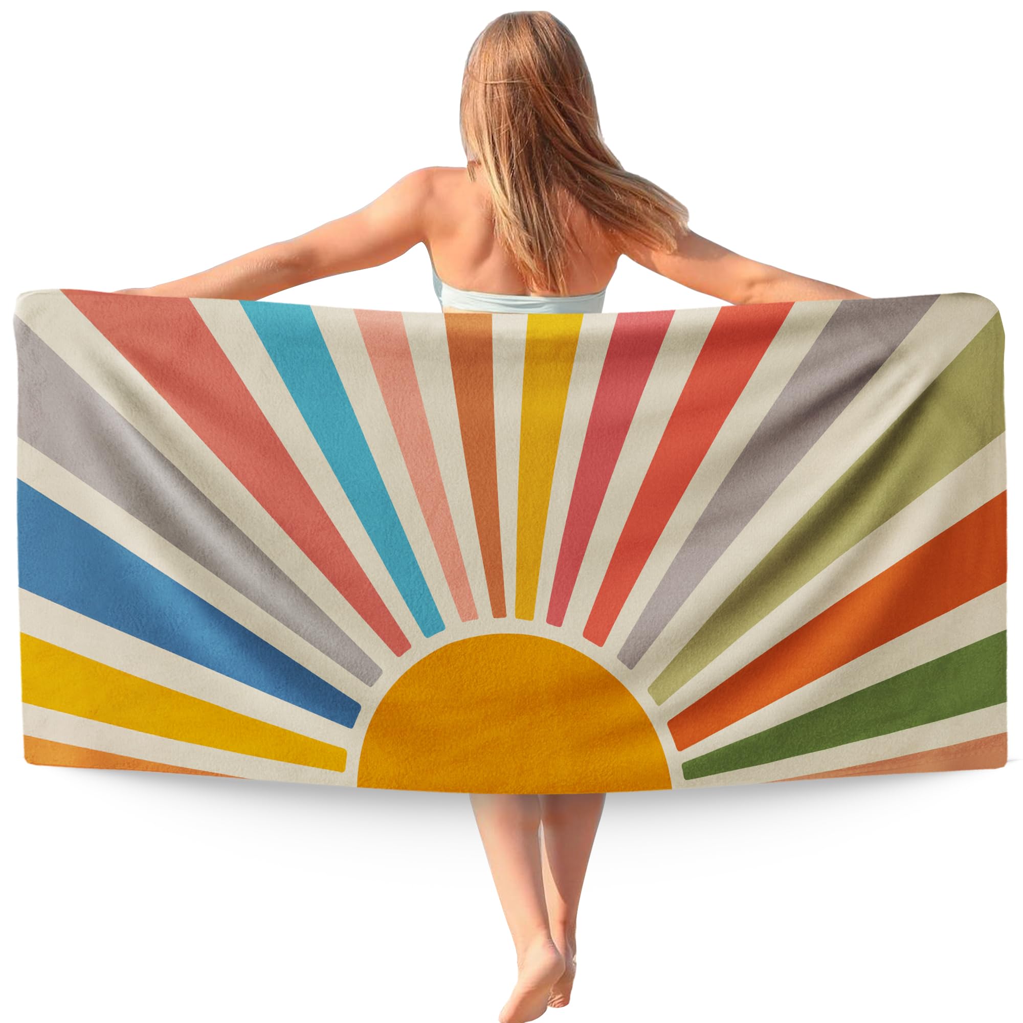 WAITPI Boho Colorful Sun Sunshine Beach Towel, Sunrise Sunset Microfiber Beach Towels Oversized 30x60 Inch for Bathroom, Boho Quick Dry Travel Sand Free Beach Towel Decor for Swimming Pool Camping
