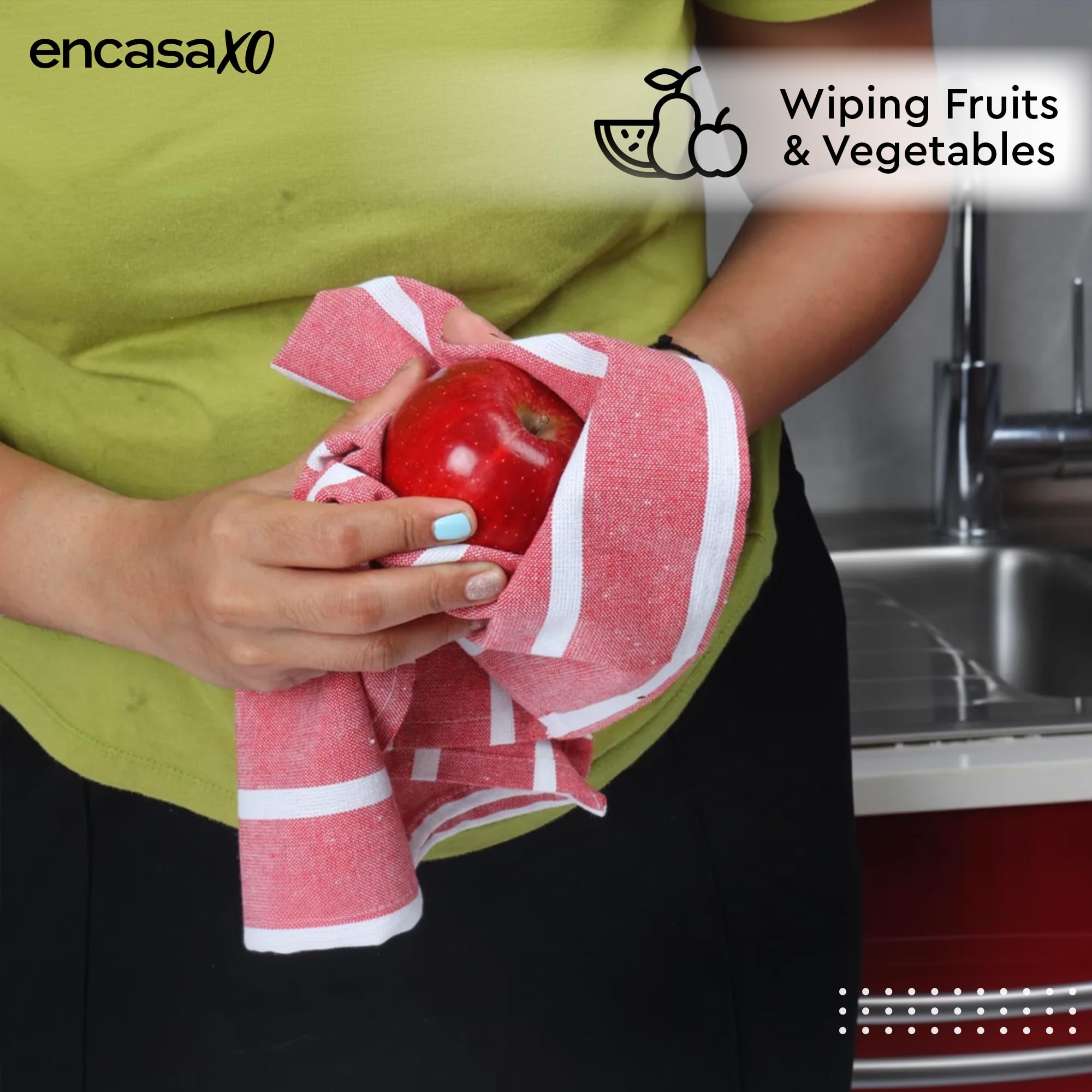 Encasa XO Kitchen Cloth for Cooking | Cotton Hand Towel for Drying Dishes | 70x45 cm Tea Towels | Highly Absorbent for Cleaning & Quick Drying of Plates | Roma Red Stripes (Set of 4 Pieces) 2