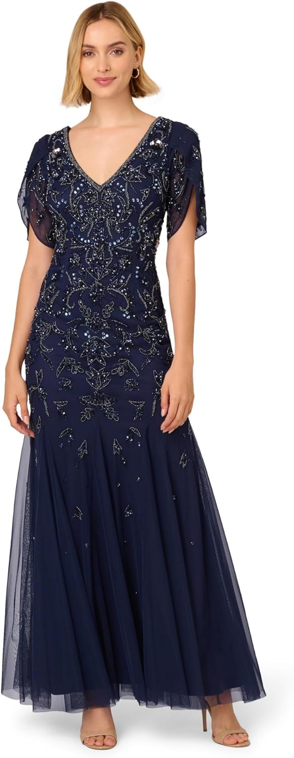 Adrianna Papell Bead MESH Long Dress Light Navy