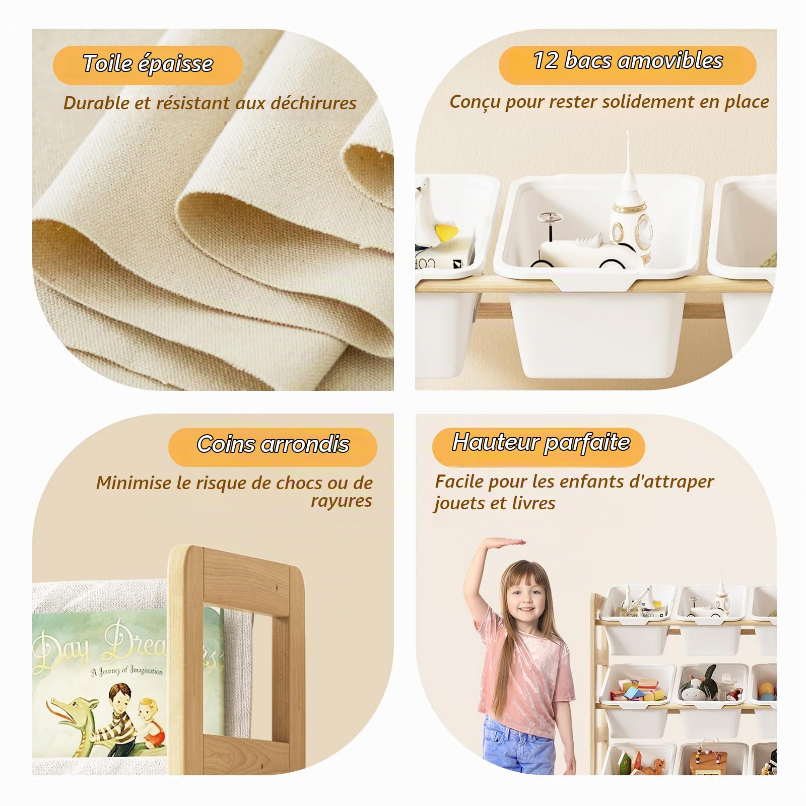 EXPERLAM Organiseur de jouets avec bibliothèque - 12 paniers de rangement, étagère multifonction à 4 niveaux pour organiser les jouets et les livres pour chambre d'enfant, salle de jeux, chambre