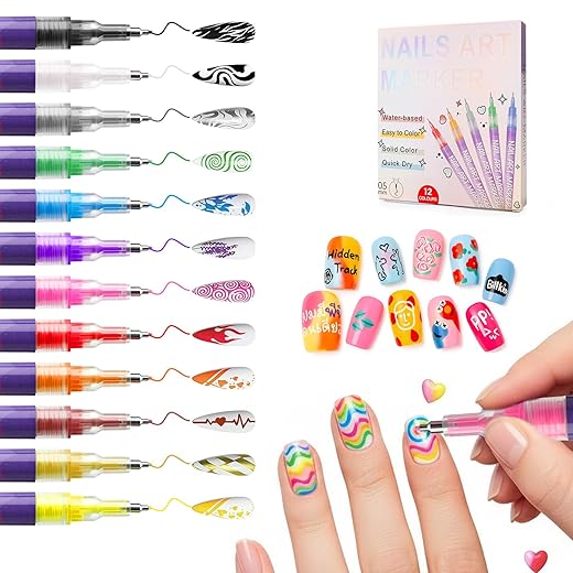 12 Colors Nail Art Marker Pens Set, 0.5 MM Nail Markers for Nail Art, Suitable for Nail Art, Nail Painting,Waterproof and Quick-drying Nail for DIY Nails Art Design Manicure Tools