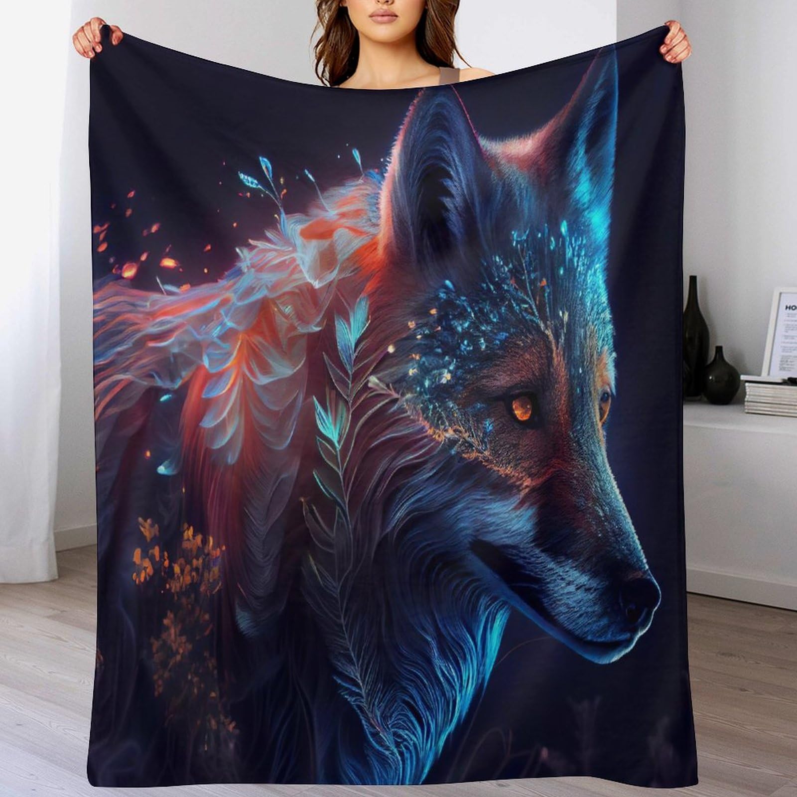 Couverture plaid polaire loup 130x150 cm jeté de canapé en flanelle chaude