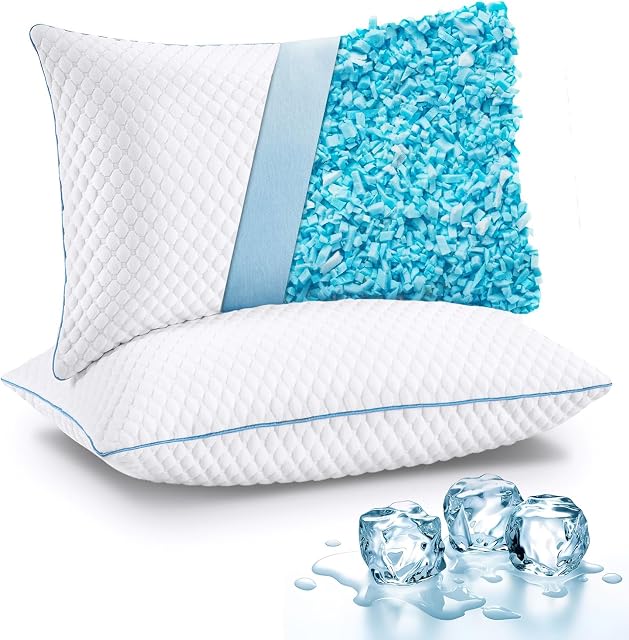 Oreillers en mousse à mémoire déchiquetée VVZ taille reine 2 pièces, oreillers de lit ajustables pour dormeurs sur le côté, le dos et le ventre, oreiller en gel de luxe pour dormeurs chauds avec housse respirante et lavable