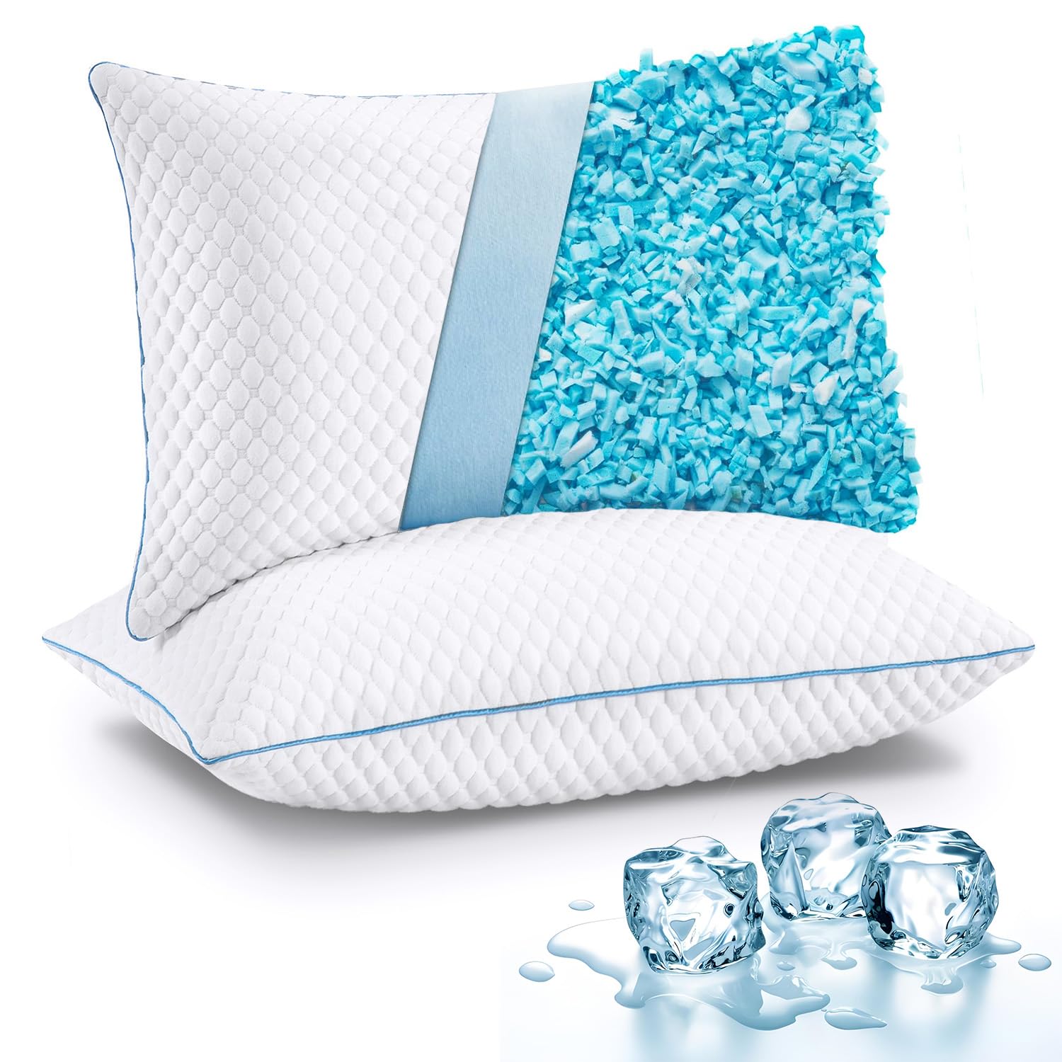 VVZ Cooling Shredded Memory Foam Pillows Queen Size 2 Pack, Adjustable Firm Bed Pillows for Side Back Stomach Sleepers, Luxury Gel Pillow for Hot Sleepers with Breathable Washable Cover