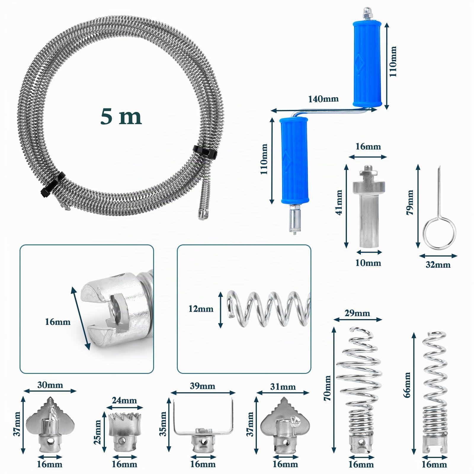 Desatascador Tuberias Fregadero 5m | Espiral de Limpieza de Tuberías Profesional Diámetro 12 mm con 8 Piezas Limpiador de Drenaje Accesorios