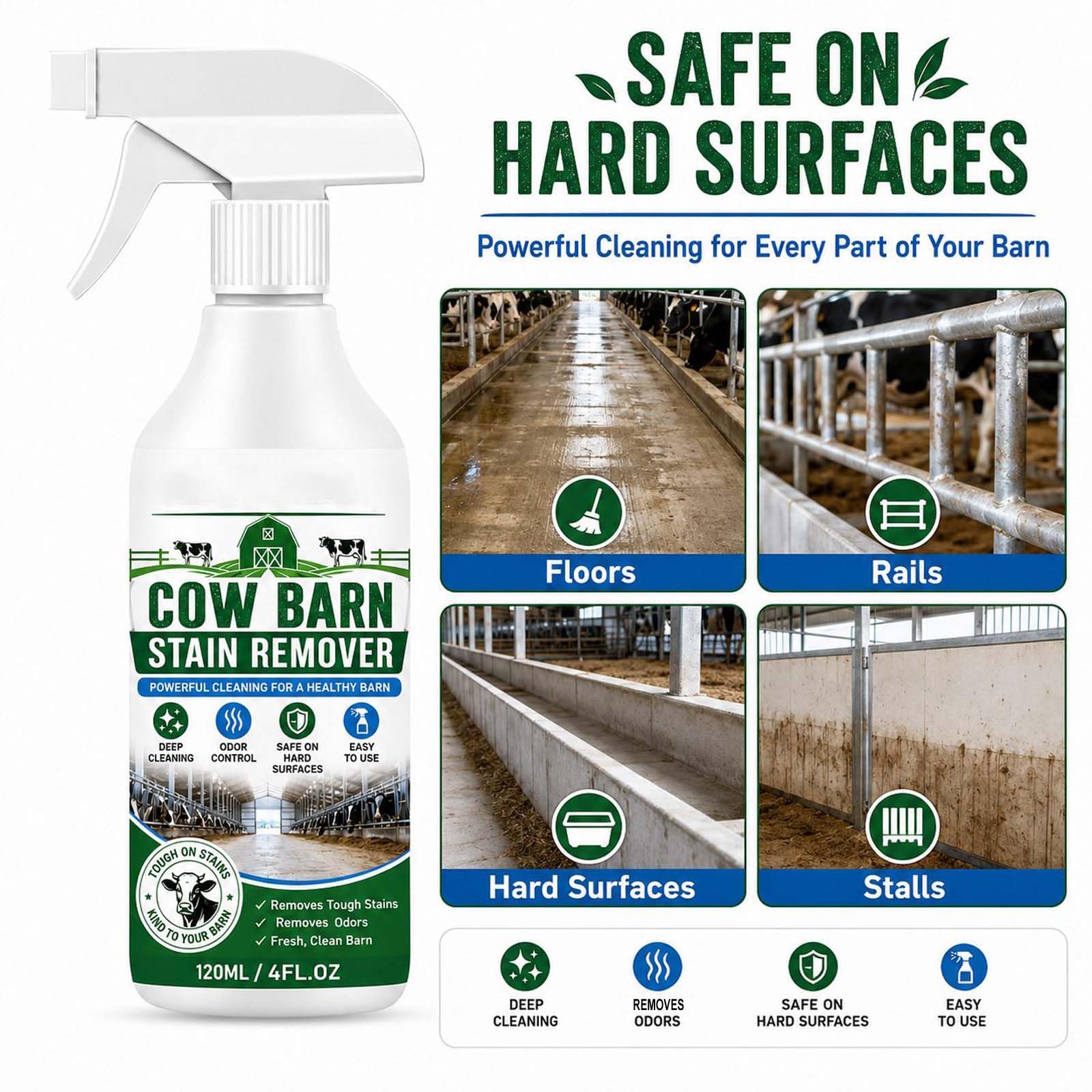 Starkes Cow Barn Stain Remover Spray, professionelles Multi-Surface Reinigungsspray, Cow Barn Fleckentferner mit Handtuch entfernt hartnäckige Mistgeruch und erfrischt den Duftreiniger (5pcs)