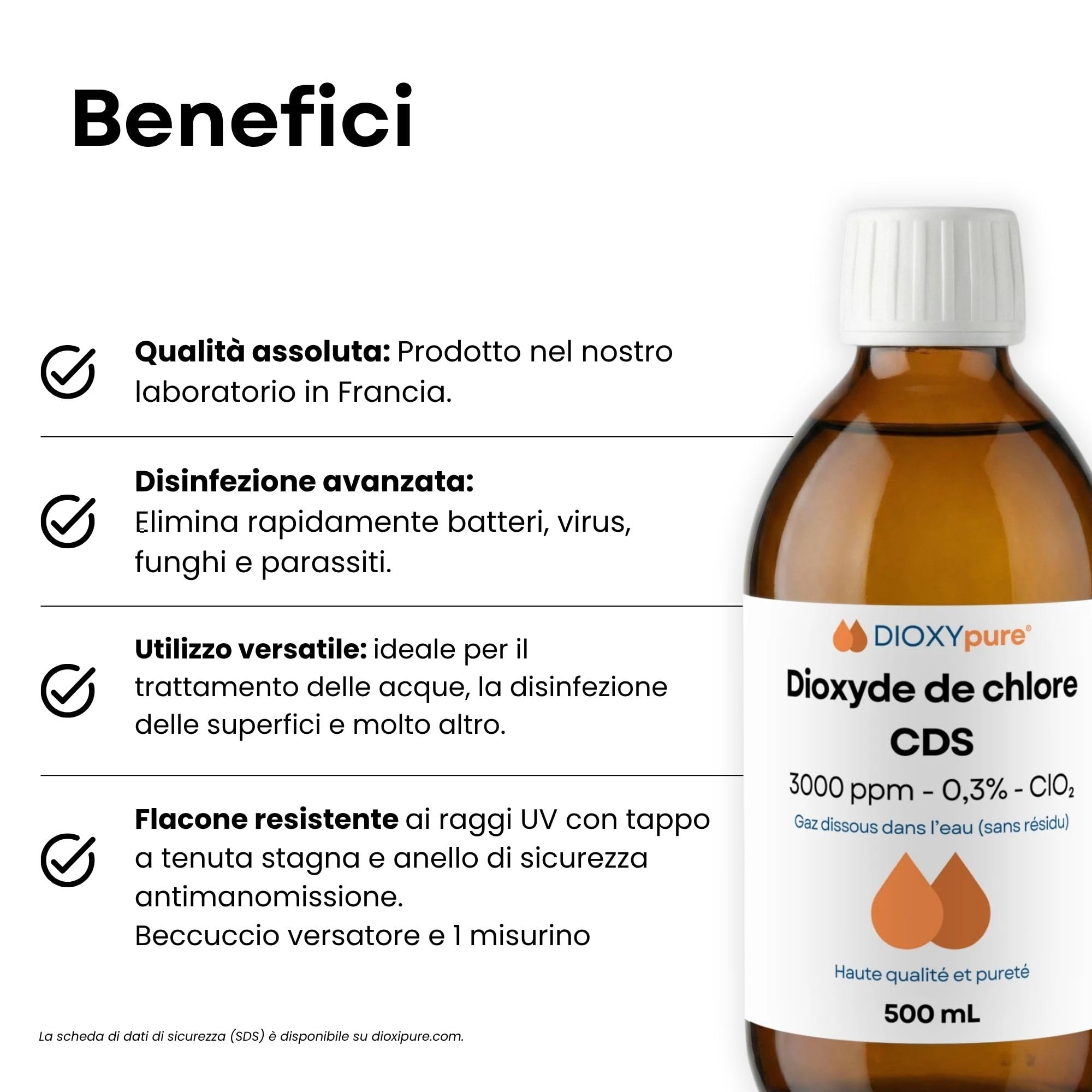 Biossido di Cloro - CDS - 3000 ppm - Gas disciolto in acqua (senza residui) - 500 ml - Senza conservanti né sostanze aggiunte - Disinfettante - Qualità superiore - Ultra puro