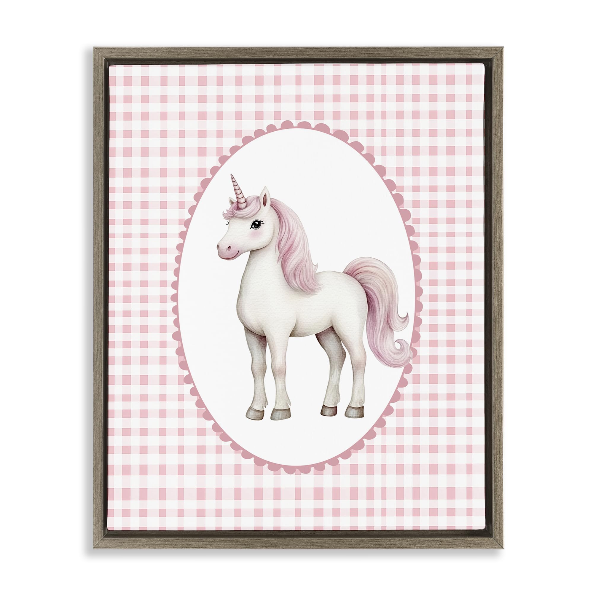 Stupell Industries Montalcino Elm (Textured) 'Pink Gingham Unicorn'| Floating Frame Canvas Art