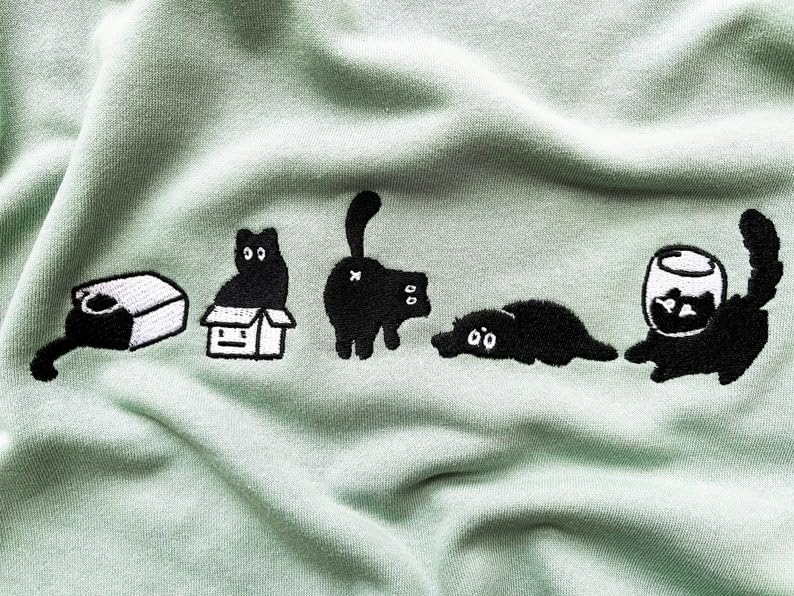 Lovely Black Cat Embroidered Sweatshirt, Embroidered Cat T-Shirt, Sweatshirt, Hoodie, Shrimp Shirt, Funny Sweater2