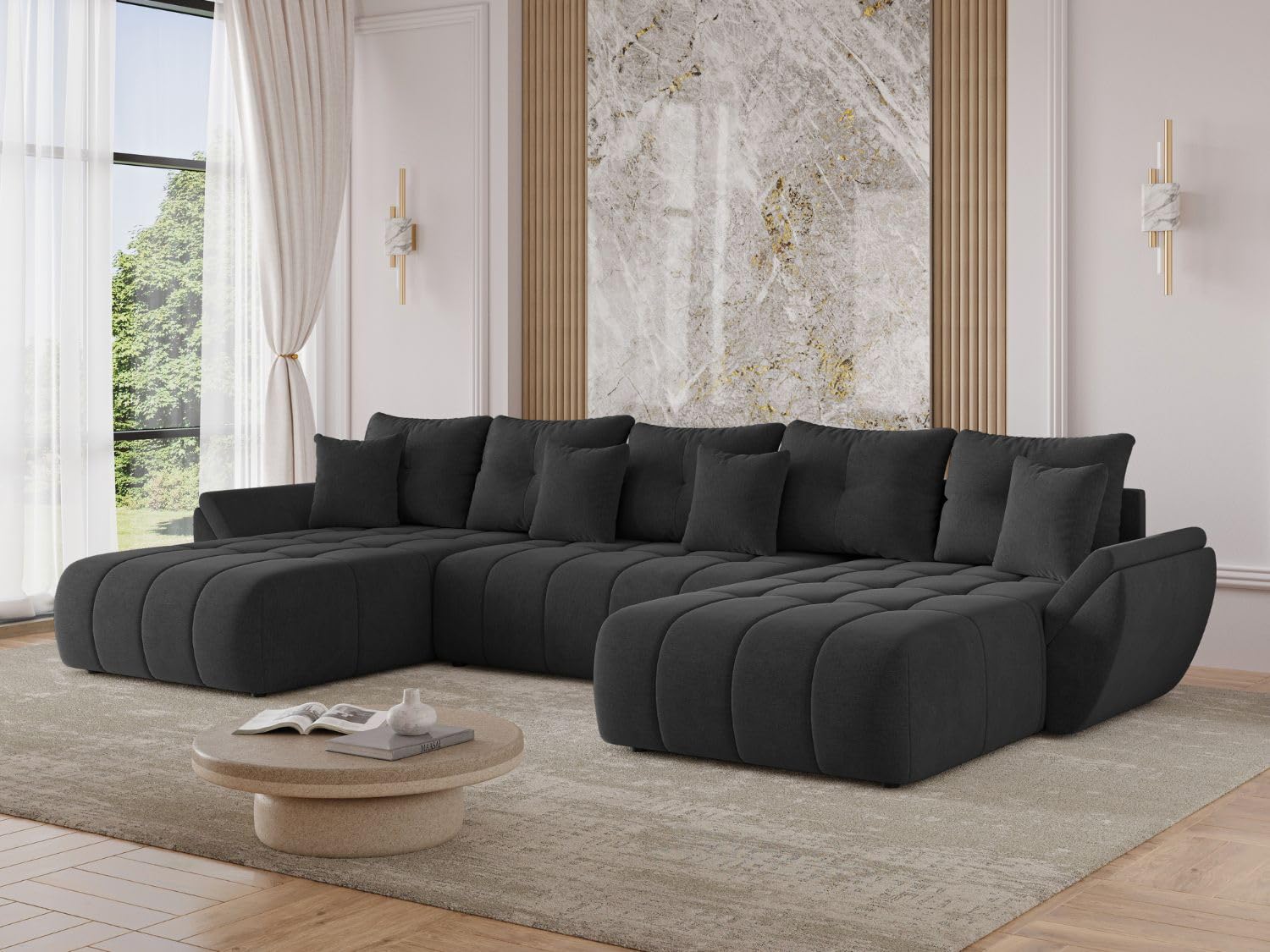 GRAINGOLD Decor U Ecksofa modern mit Bettfunktion, 382x192 cm, U-Form Sofa, Schlafcouch für Wohnzimmer, Veloursstoff, 5-Sitzer Wohnlandschaft, Ecksofa mit Bettkasten (Anthrazit)