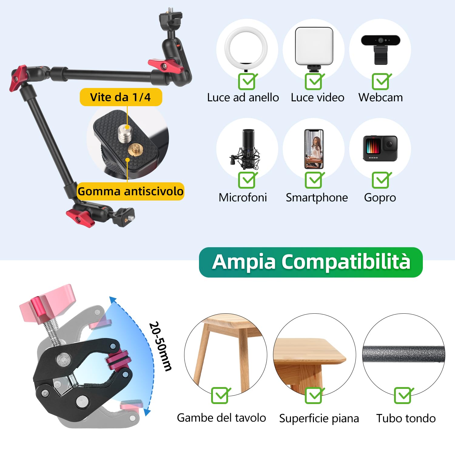 22" Braccio Magico con Super Clamp, Supporto Flessibile per Fotocamera, Supporto per Telefono, Braccio Articolato con Filettatura da 1/4" per Smartphone, Action Camera, Microfono - nero rosso