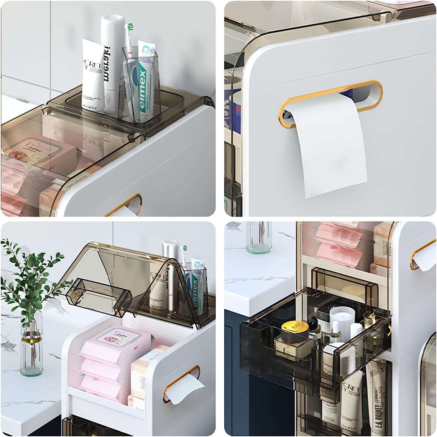 Armadietto da Pavimento per Bagno a 4 Livelli Organizer per Asciugamani Stretto e Sottile unità angolare Laterale con cassetti Trasparenti e rotelle per Cucina minuscola Lavanderia