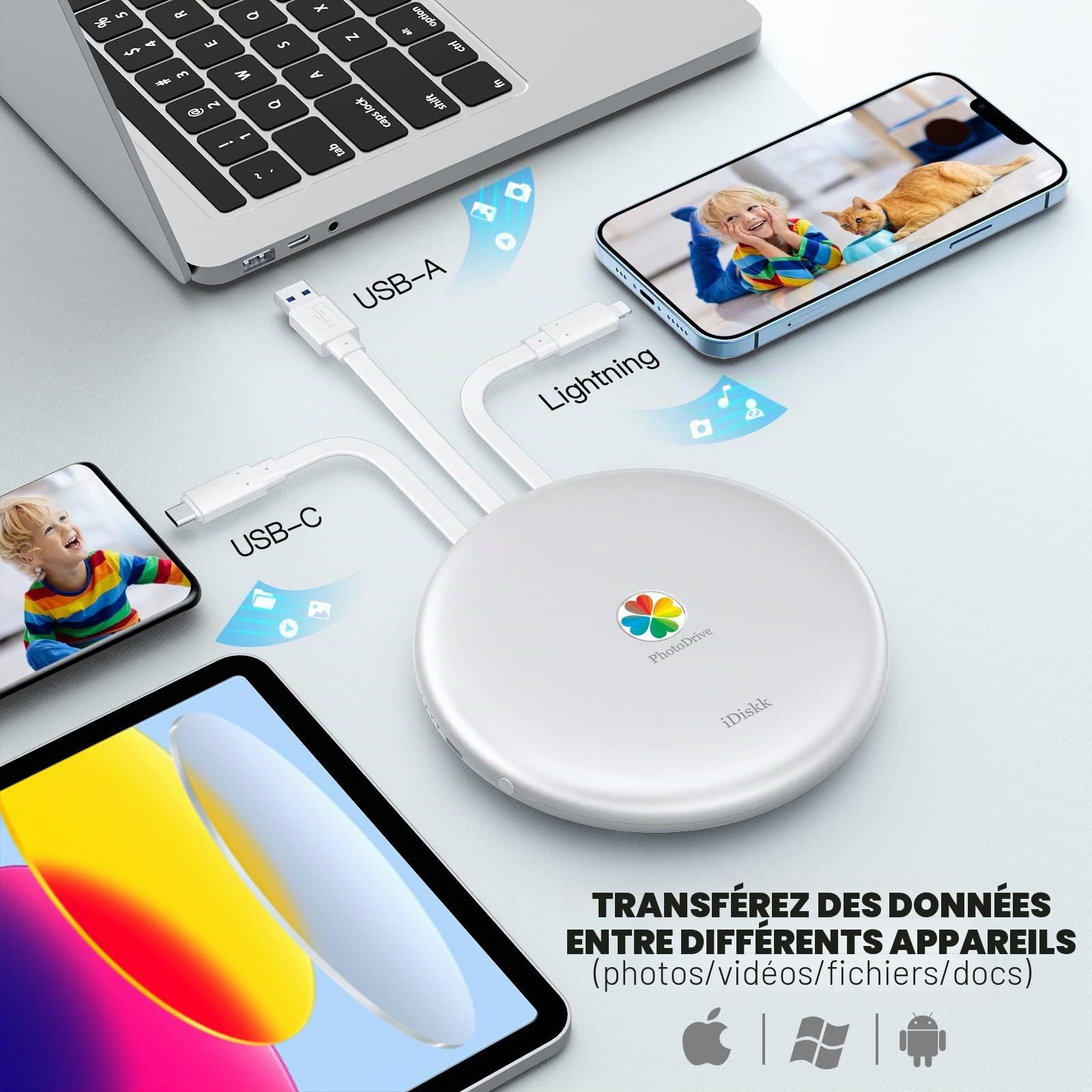 iDiskk Disque Dur Externe 2 to pour iPhone, Disque Dur Lightning certifié MFi avec câbles 3 en 1 intégrés, iPhone HDD Fonctionne avec Le Nouvel iPad Pro, Les téléphones iOS USB-C Mac PC