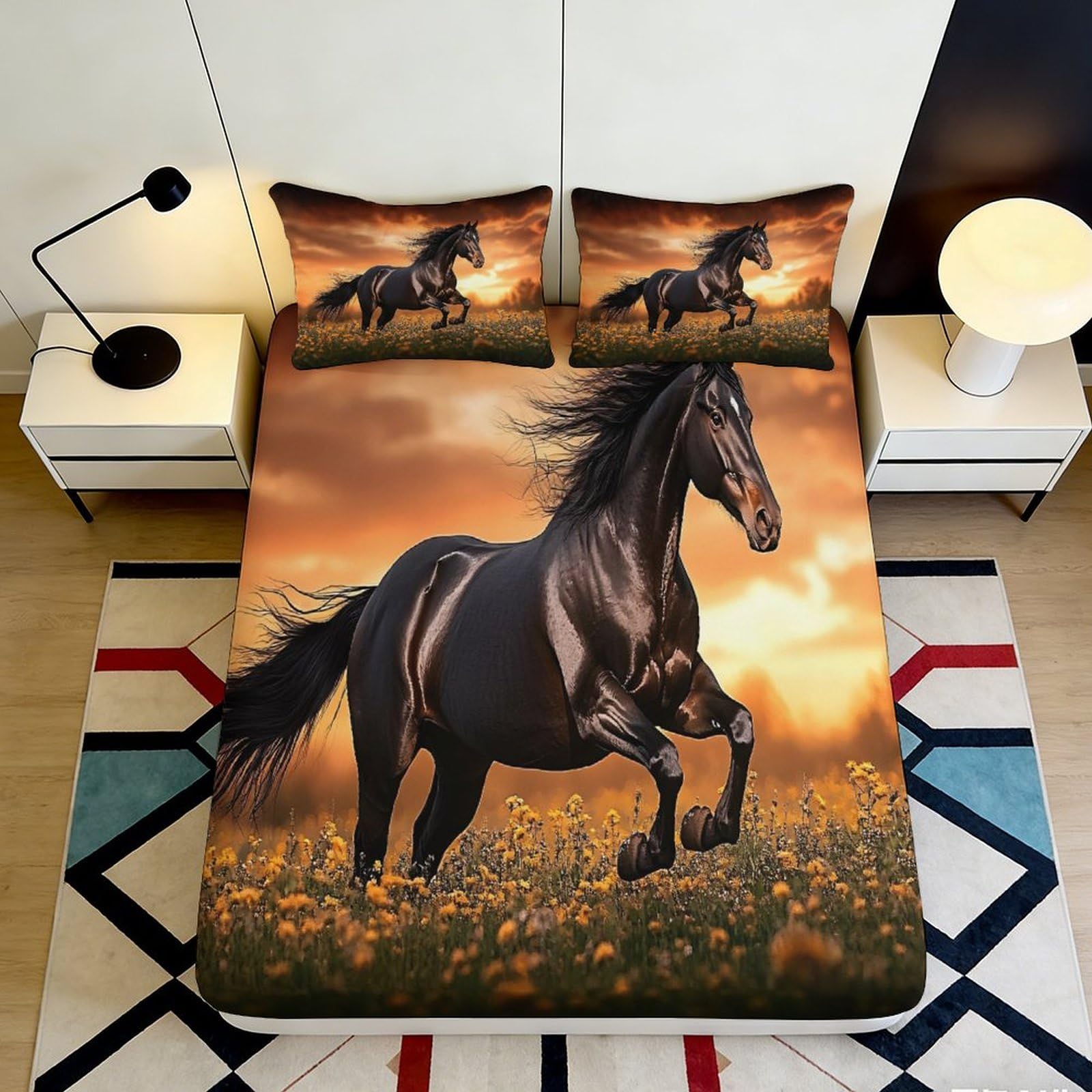 3D Printed Black Horse Fitted Sheet Microfiber Soft Sunset Meadow Mattress Cover for Bedroom Guest Room Decor 90x200x25cm