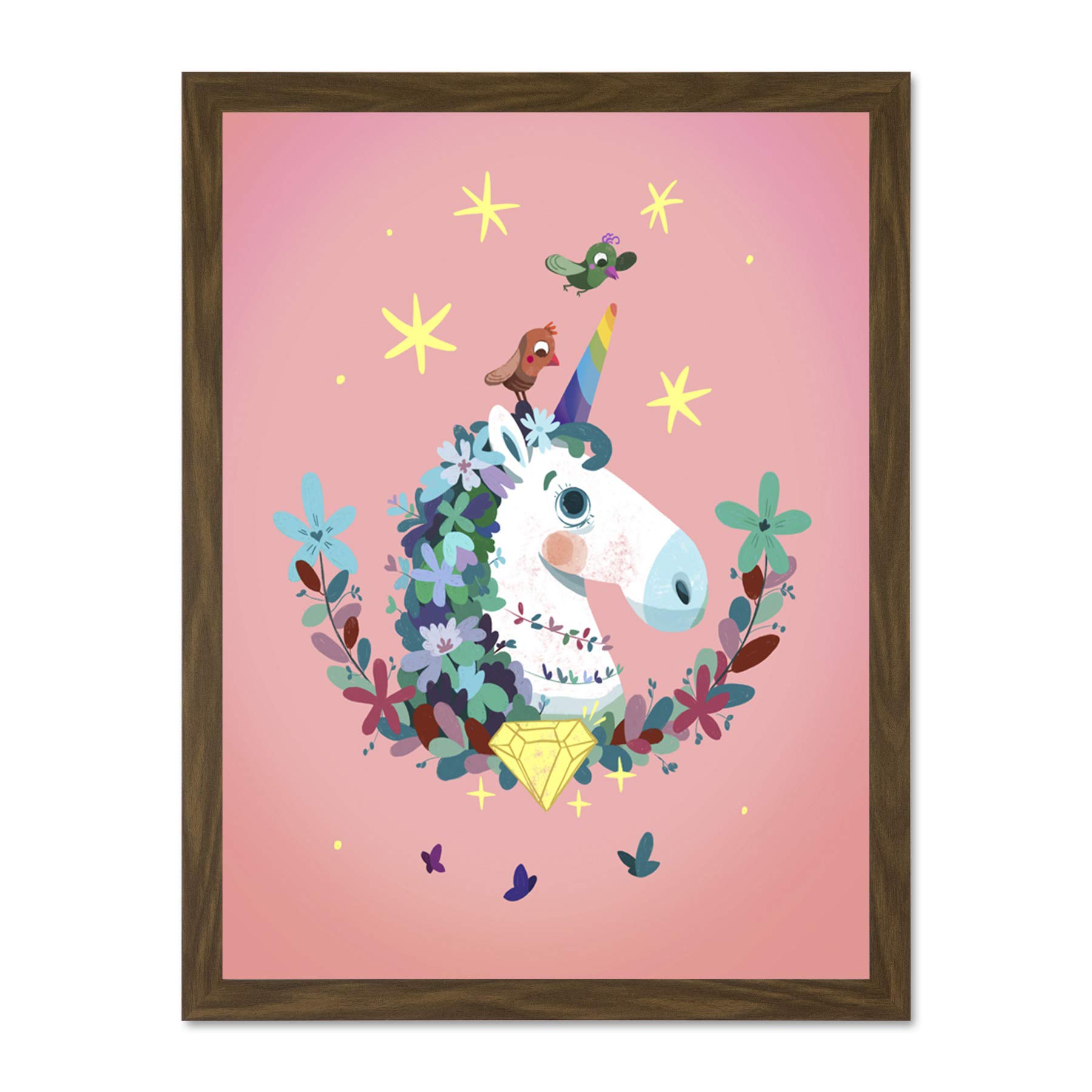 Wee Blue Coo Unicorn Diamond Birds Art Large Framed Art Print Poster Wall Decor 18x24 inch