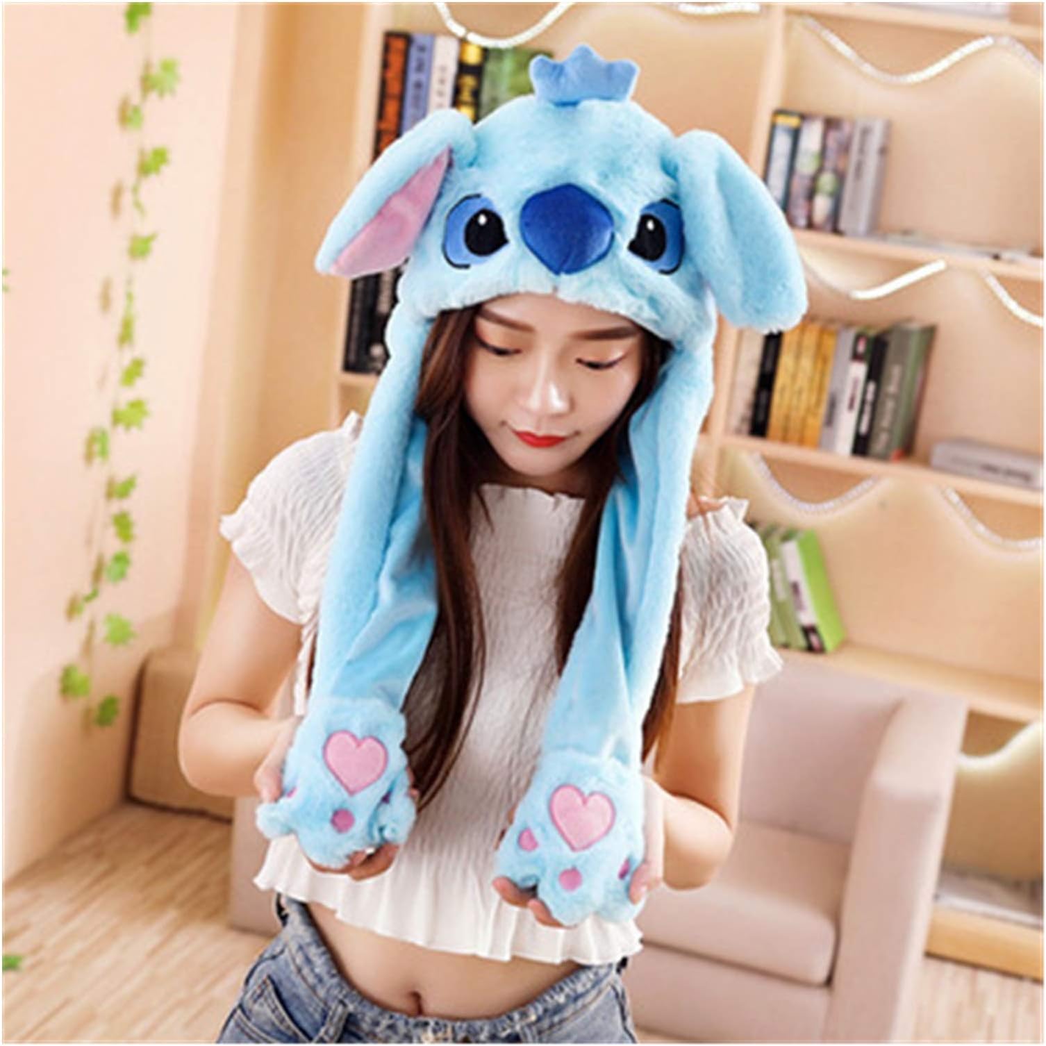 Tderloi Hat Girls Animals Ear Moving Jumping Hats Children Women Warm Plush Rabbit Winter Kids Bunny Fuzzy Pinch Airbag Caps (Color : Stitch blue, Size : 30x50cm)