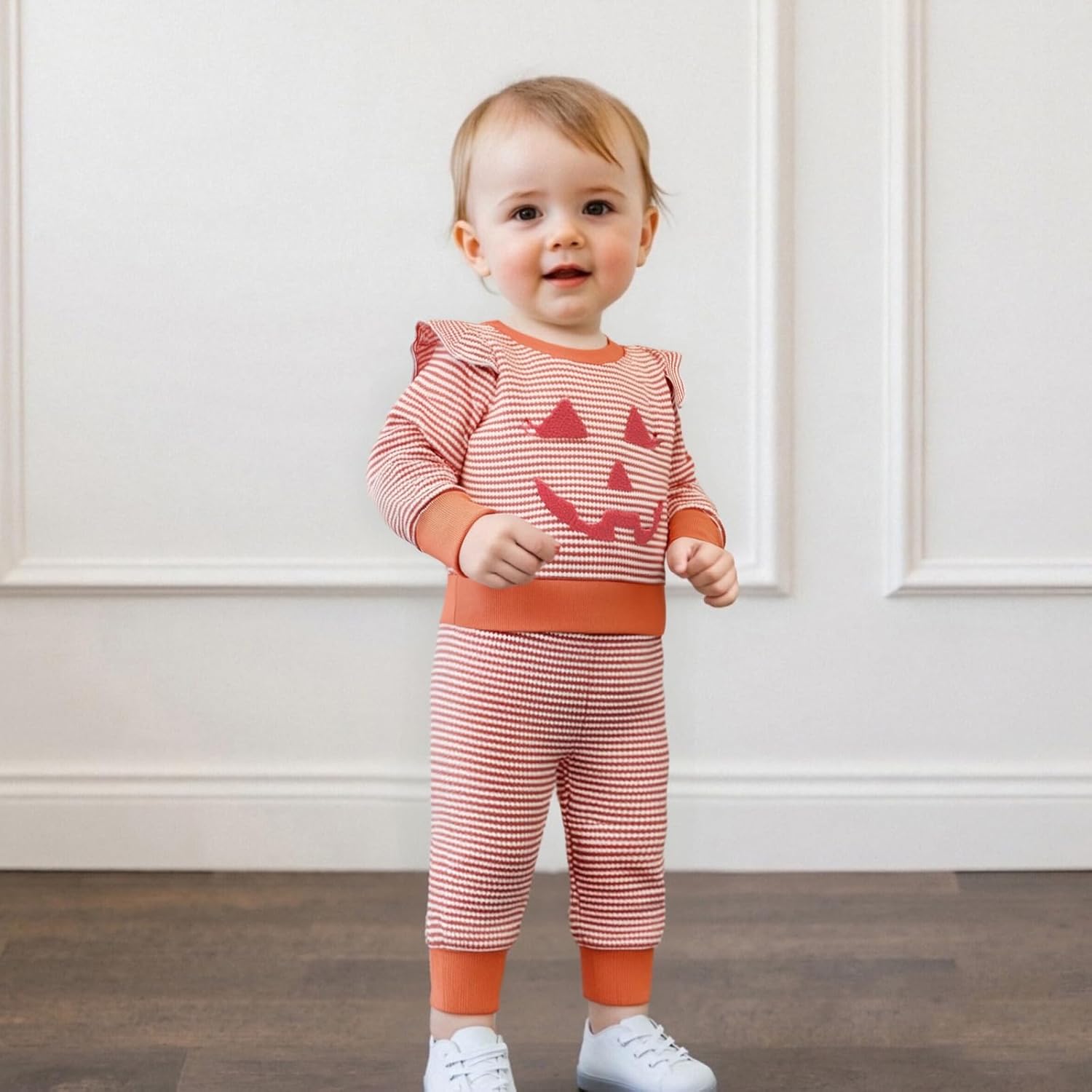 Baby Girl Halloween Outfit Cute Ruffles Waffle Pumpkin Face Sweatshirt Top and Pants Toddler Girl Fall Outfits - Image 3