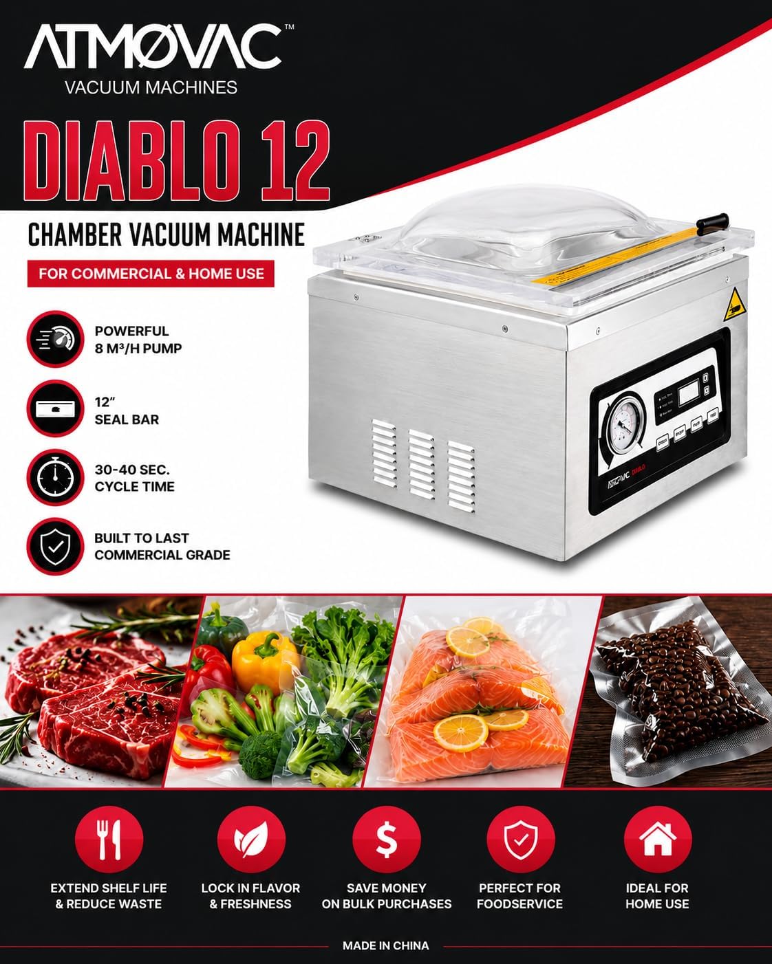 Diablo12 Chamber Vacuum Sealer, 12" Seal Bar Commercial Food Vacuum Sealer for Sous Vide, Liquids & Food Storage
