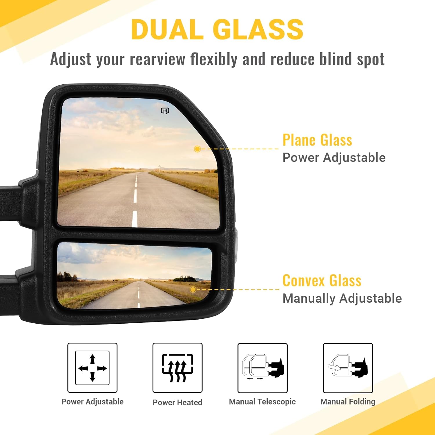 Towing Mirrors for 2015-2020 F150 Ford Tow Mirrors with Sequential Turn Signal & Running Light Heated Power Glass Temp Sensor No BSM Pair Set White Lens, Unpainted Black