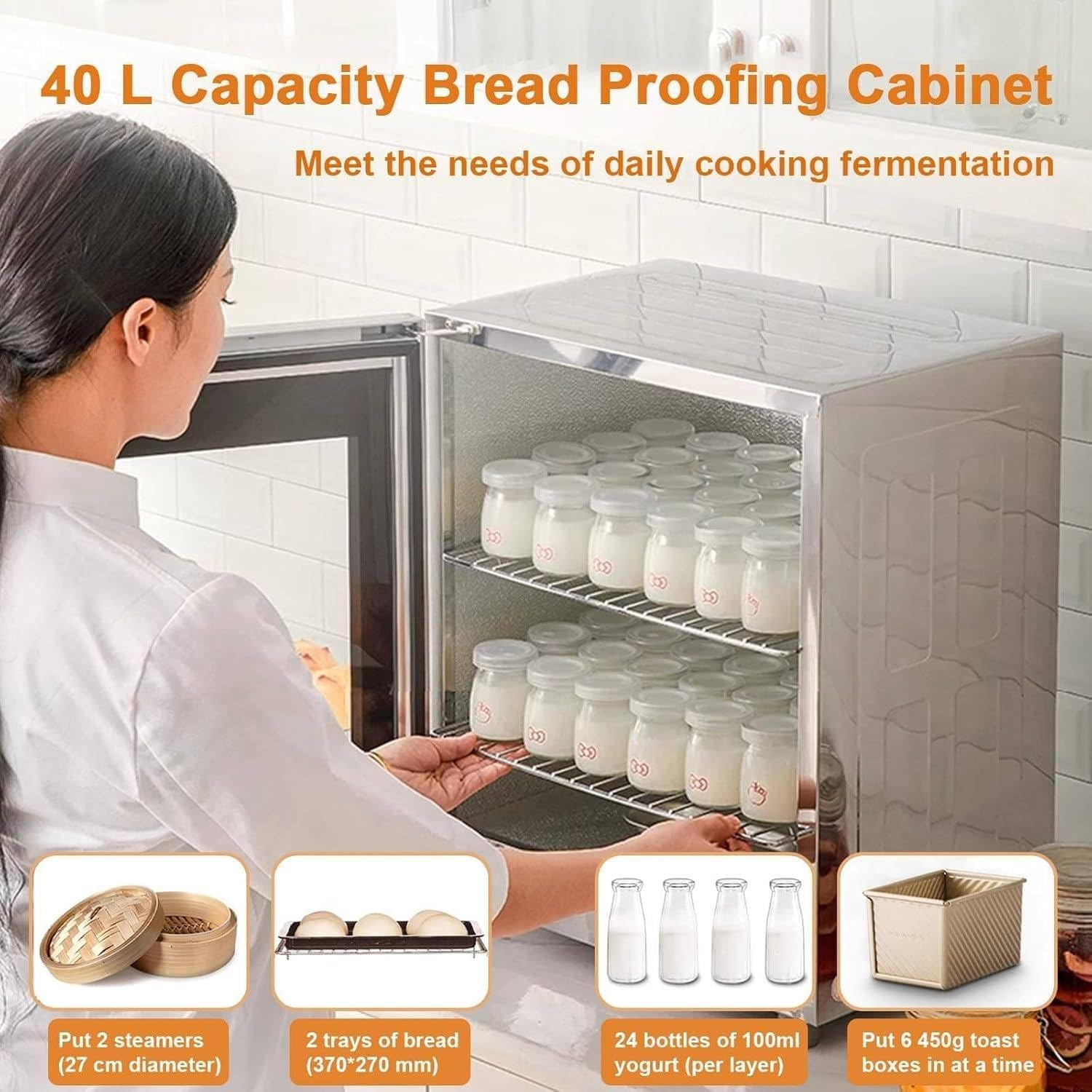Caja de fermentación para pan casero, máquina de fermentación eléctrica de sobremesa de 40 l, temperatura ajustable de 20 a 50 °C, caja de fermentación de pan de 260 W con control de humedad, par