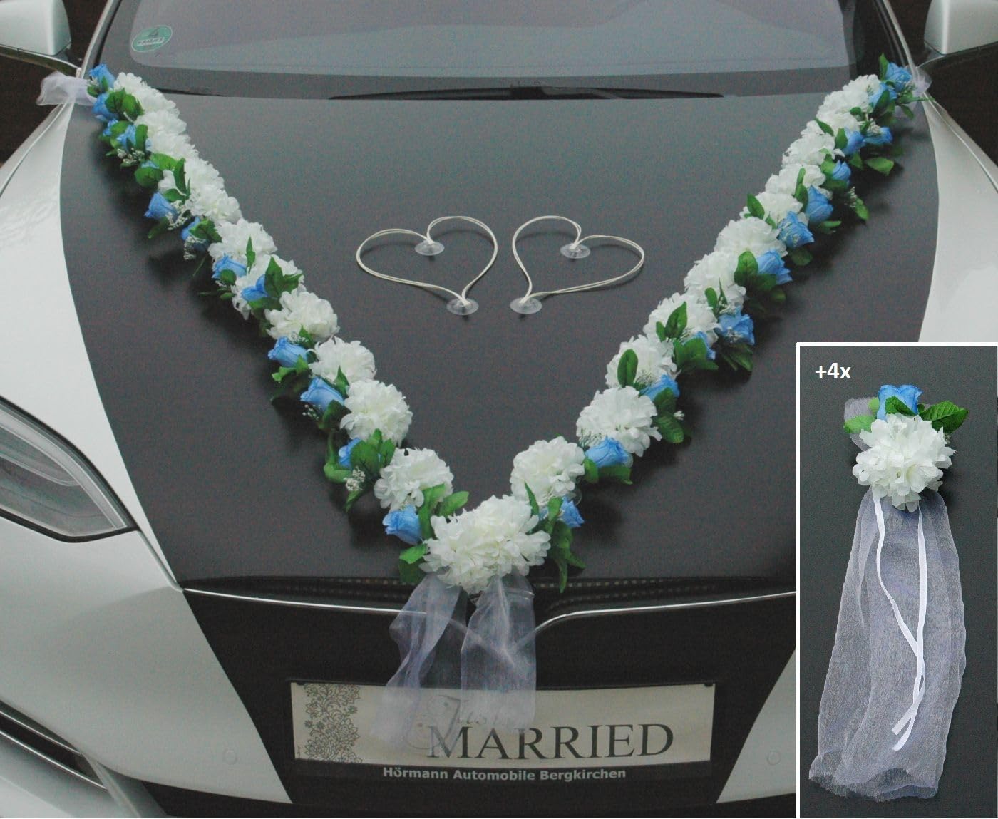 Auto-schmuck so einfach so kreativ VIP Garland 30 Azaleas 30 Roses 18 Extra Strong Suction Cups 2 x 180 cm Garland 4 Door Handle Decorations 2 Rattan Hearts Bride Couple Car Decoration (Azaleen 8) - Image 3
