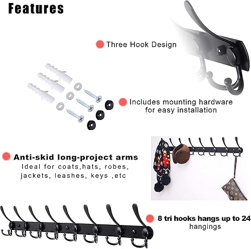 Miniatura 7 de Dseap - Perchero de pared de 29.5 pulgadas de largo con 8 ganchos triples resistentes, estilo riel, para colgar abrigos, sombreros, ropa, bolso en