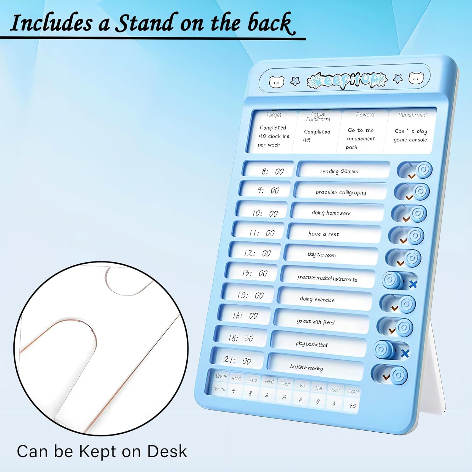 Kids Daily Habit Tracker Board Reusable Routine Schedule Chart with Sliding Buttons | Stand and Sticker Sheet for Children Study Planning | Task Management Time Scheduling Home and Classroom Use 4