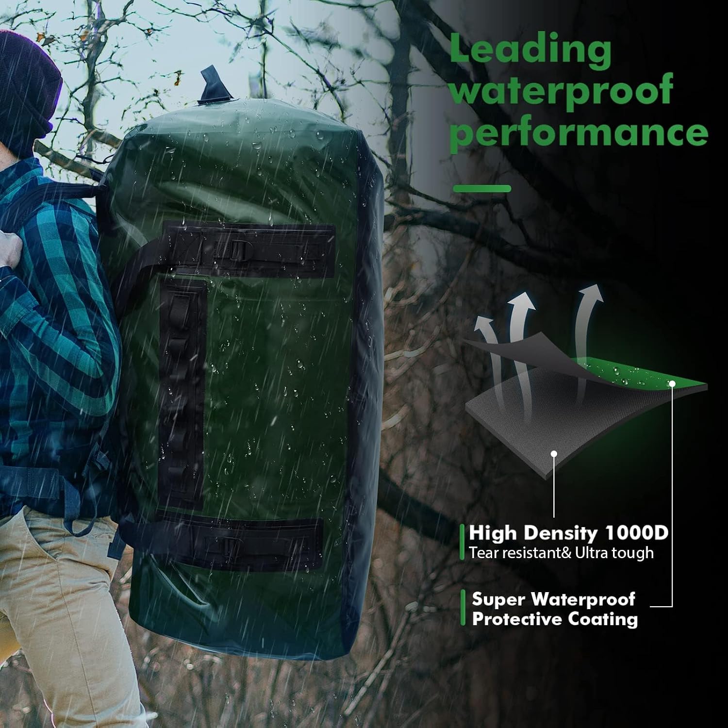 Large Waterproof Dry Bag, 150L Waterproof Duffel Bag Heavy Duty Travel Bag for Boating Kayaking Motorcycling Hunting Camping, Green