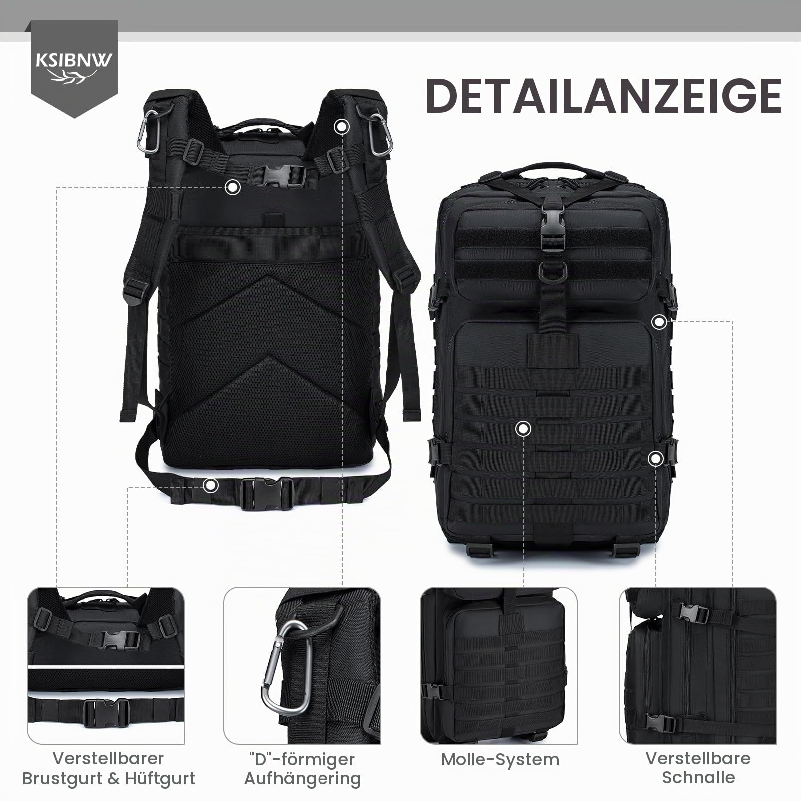 KSIBNW Militär Rucksack 50L Taktische Rucksack,Große Kapazität Survival Rucksack Wasserdicht Klettern Wandern Taktischer Trekkingrucksack Reiserucksack, 3 Tage Outdoor Wanderrucksack Für Reisen