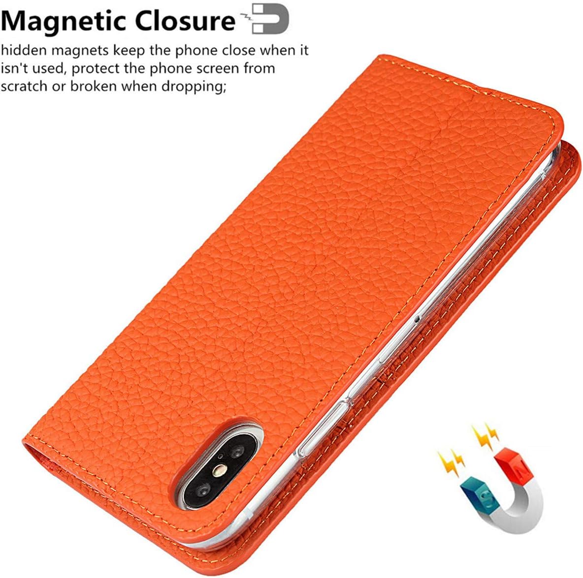 iCoverCase Genuine Leather Wallet Case for iPhone Xs Max with Wrist Strap, Card Holder, Magnetic Closure, Kickstand (Orange)