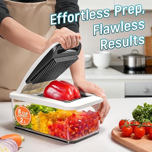 Miniatura 2 de Sopito Cortador de verduras con mandolina – Picador multifuncional de alimentos vegetarianos con 6 cuchillas y recipiente, cortador de verduras