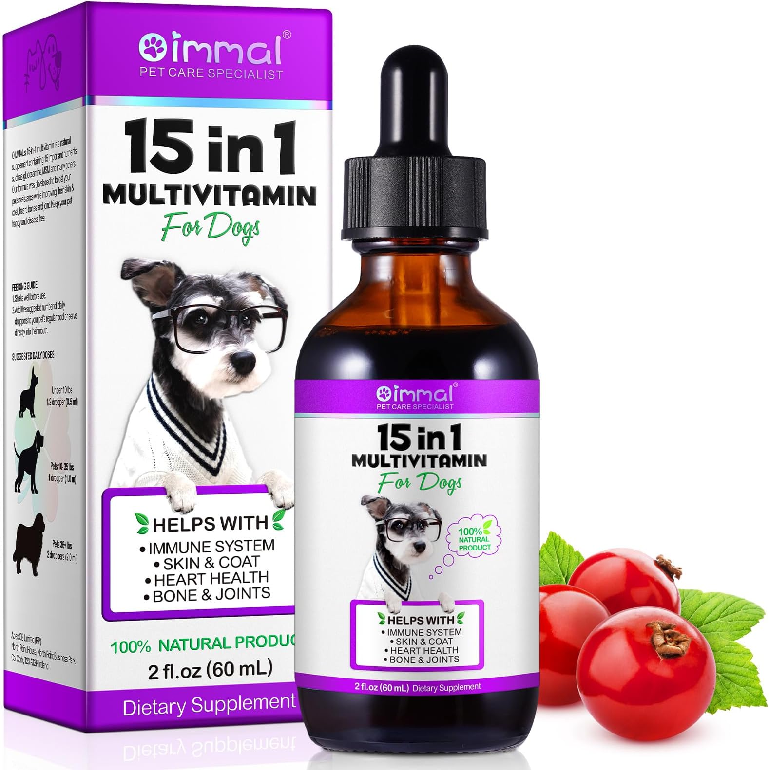 Dog Multivitamin Drops 15 in 1 Dog Vitamins & Supplements for Improving Hip, Joint, Skin Coat, Skin Health, Gut Health and Heart Health Digestion