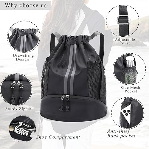 Miniatura 4 de Mochila deportiva con cordón, bolsa impermeable para natación, gimnasio, bolsa de baloncesto de fútbol con compartimento para zapatos para hombres