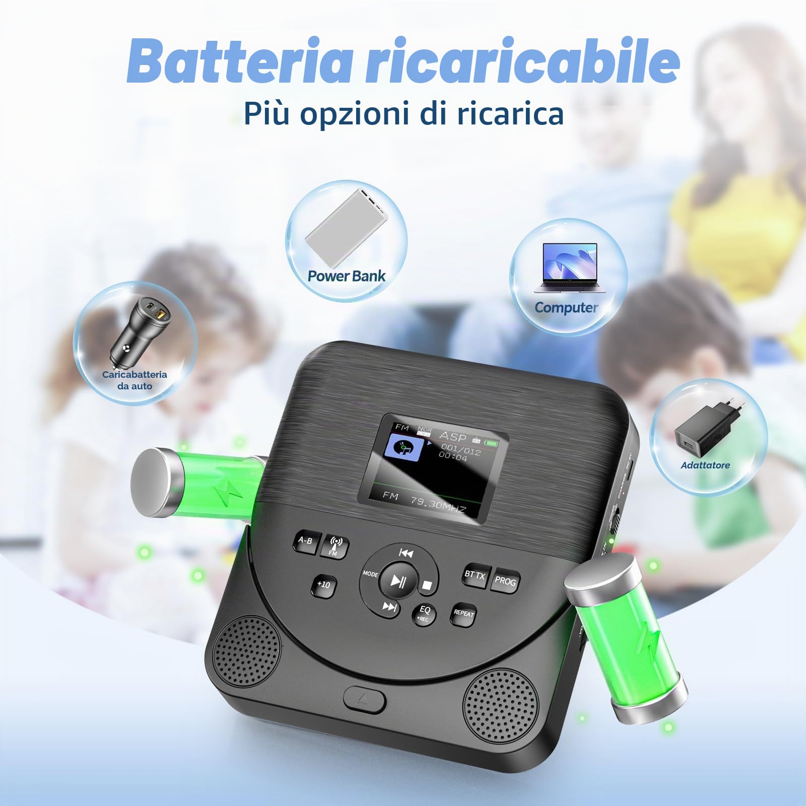 Lettore CD portatile, FELEMAN Lettore CD Bluetooth con altoparlanti/cuffie/display, ricaricabile, lettore CD per auto con trasmettitore FM, con lettore di schede TF e cavo AUX da 3,5 mm, Nero