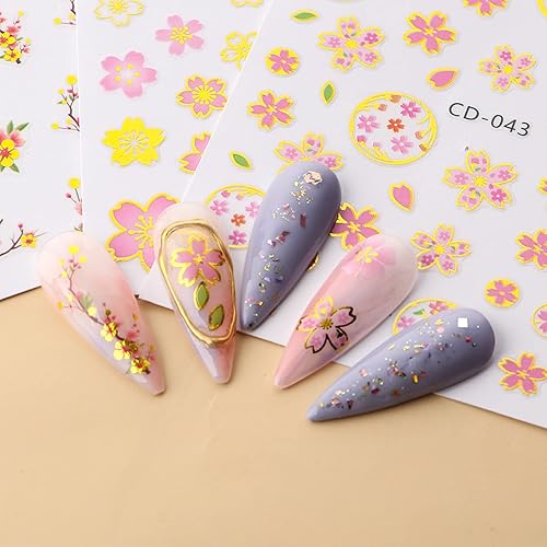 Miniatura 4 de 6 hojas de calcomanías de arte de uñas de flor de cerezo dorado calcomanías de uñas autoadhesivas 3D flores de cerezo flores de melocotón