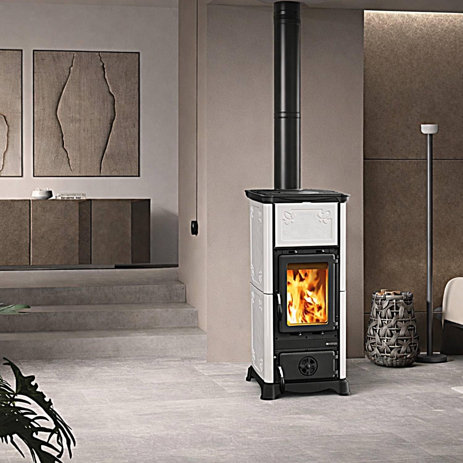 La Nordica Poêle à bois Emiliana 165 Majolica 6,5 kW Poêle à bois externe en fonte Chambre de combustion Nettoyage vitres jusqu'à 186 m³ (Blanc)