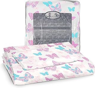 Frenchie Mini Couture, 2-Piece Kids Twin Sheets Set, 100% Woven Cotton, Deep Pocket Bed Sheet 39 x 75 x 15in + Pillowcase 20 x 30, Butterfly (White)