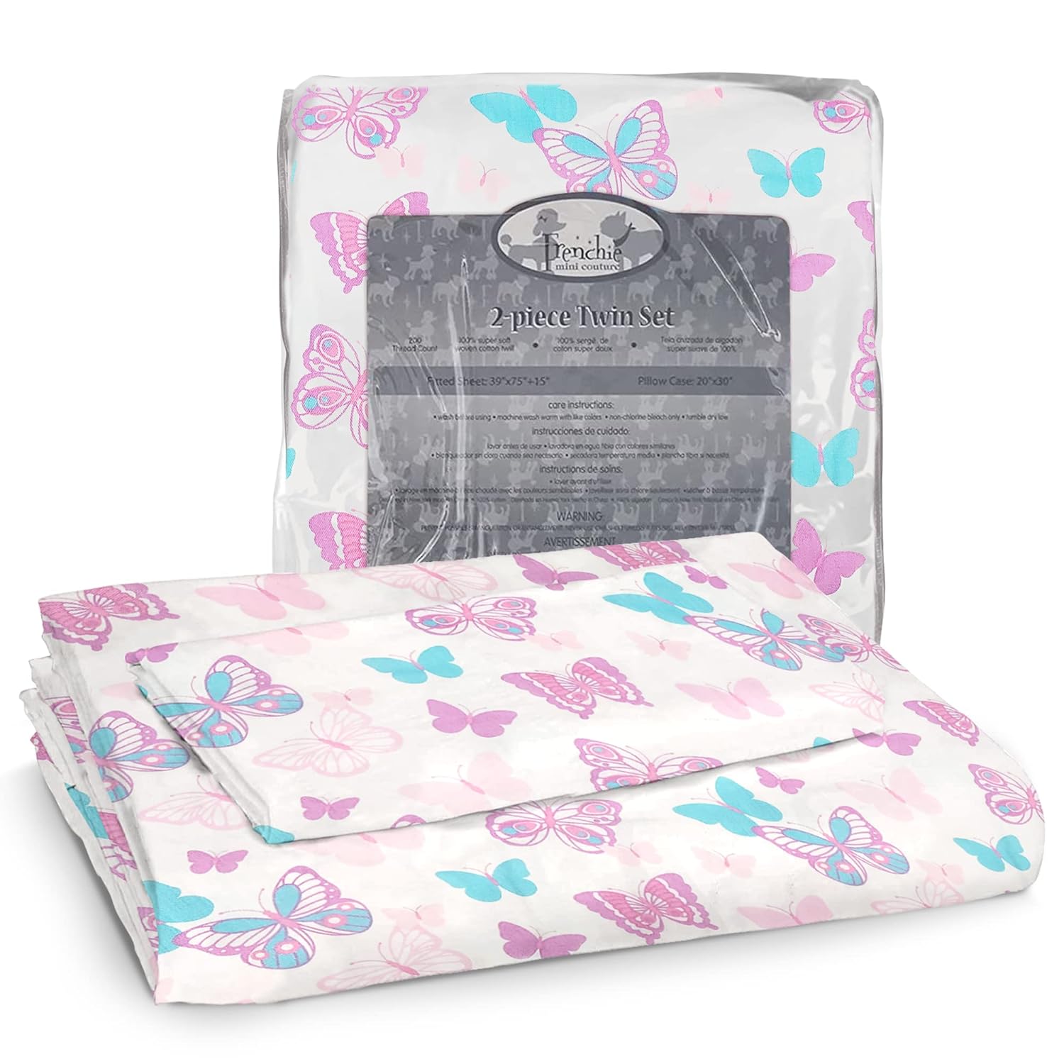Frenchie Mini Couture 2-Piece Kids Twin Sheets Set 100 Woven Cotton Deep Pocket Bed Sheet 39 x 75