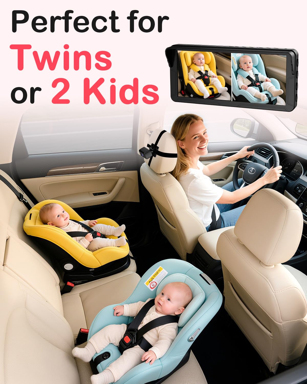 Rohent Dual Baby Car Camera for 2-Kids: 6.9'' HD Split Screen with Auto Brightness 1080P Backseat Camera for Twins Infrared Night Vision - Image 2