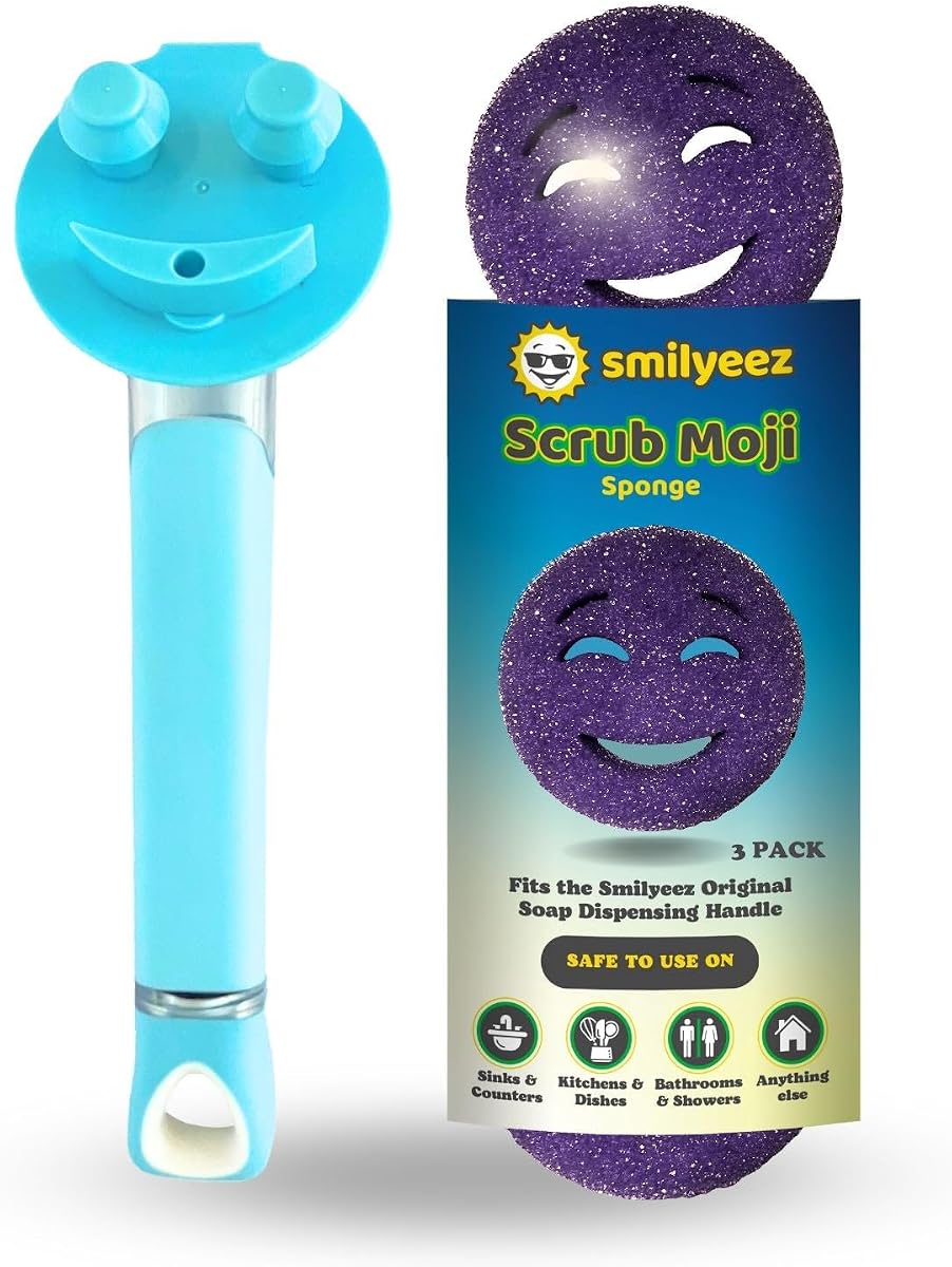 The Original Smiling Handle for Scrub Daddy (Reg. TM) Sponge and Scrub Moji Sponge - (Light Blue Handle) & 3 Purple Scrub Moji's