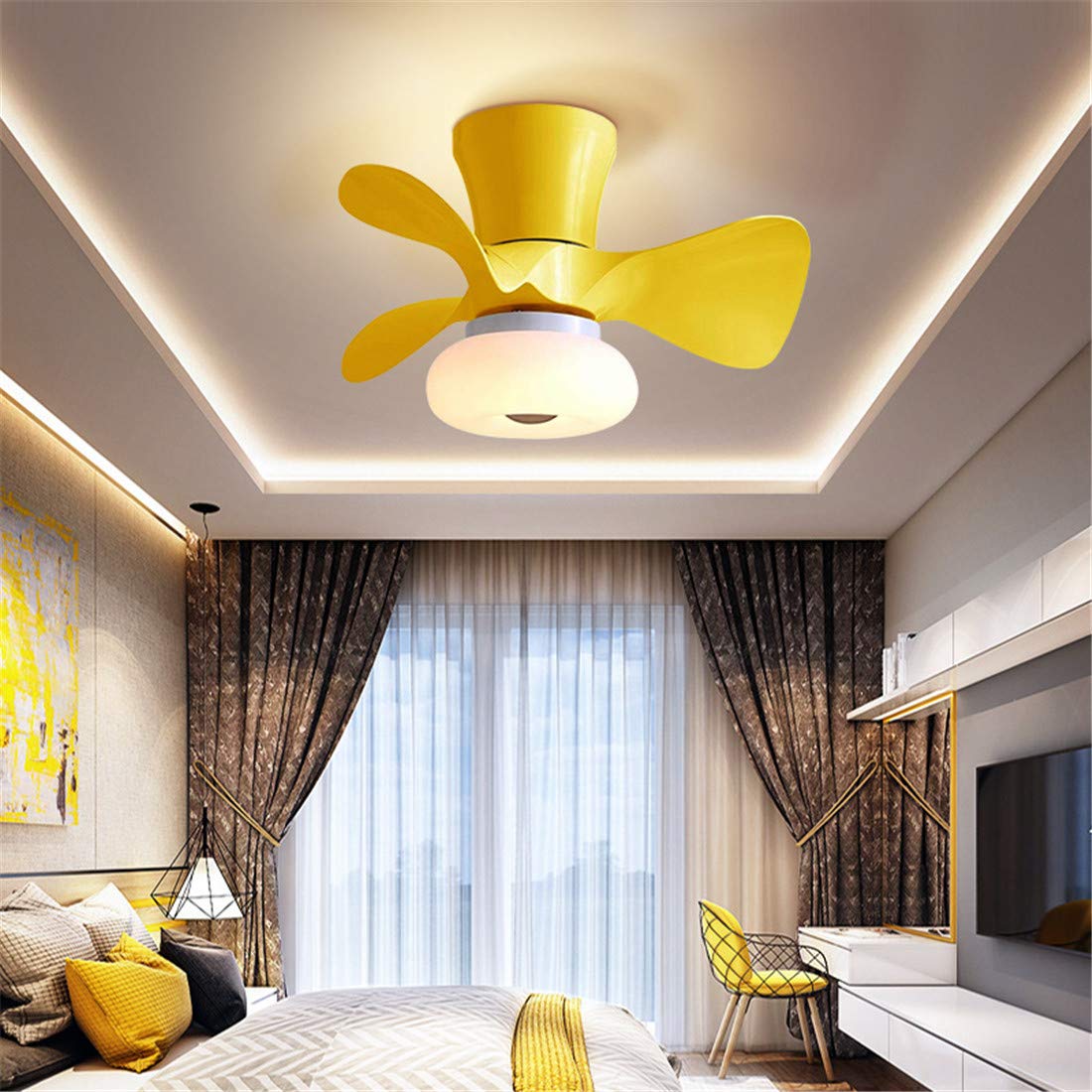 HXYSXHJUO Kids Small Ceiling Fan with Light Reversible 6 Speeds Bedroom LED Dimmable Remote Control Modern Living Room Quiet Timer Φ55cm-Yellow