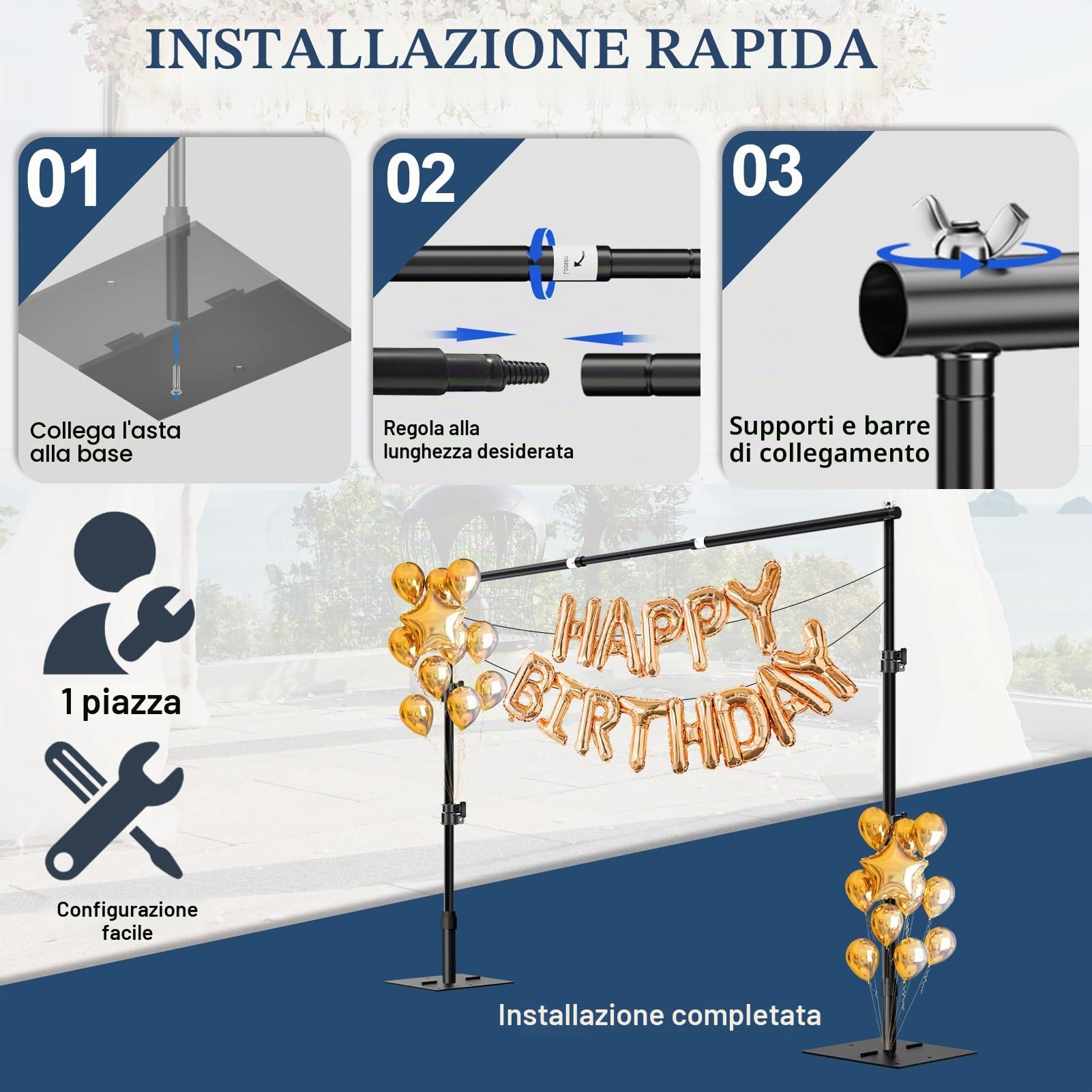 Supporto per fondale resistente, 2 m x 3 m, cornice regolabile con base in metallo, tubo e kit di supporto per cabina fotografica, video, studio, decorazione, matrimoni, feste di compleanno,
