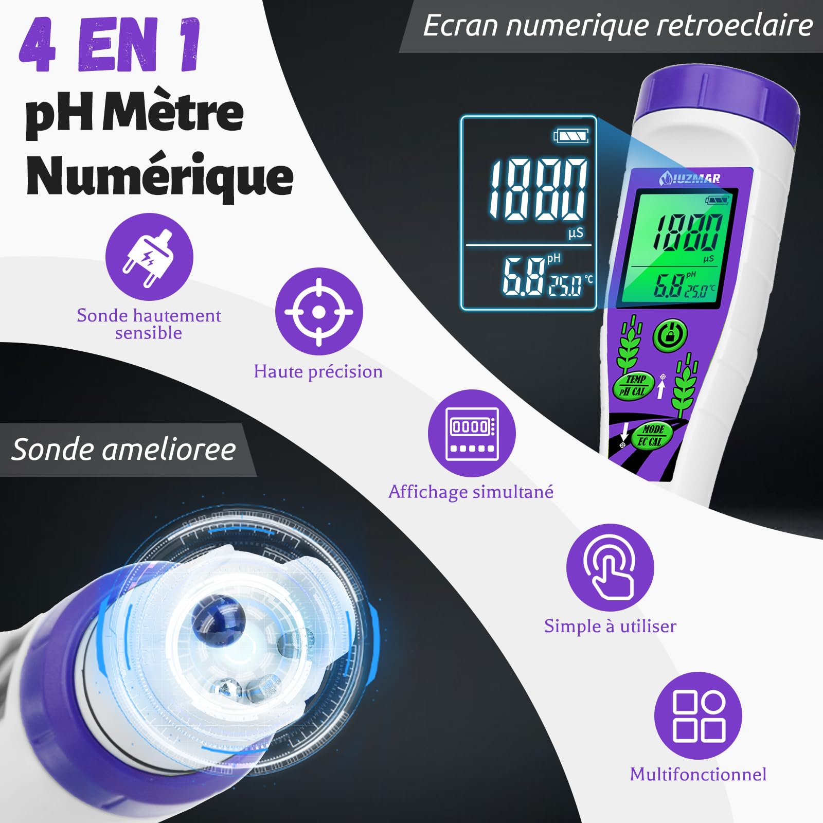 UIUZMAR pH EC Mètre pour L'eau Affichage Simultané pH TDS Temp Testeur | Appareil Numérique 4 en 1 pour Mesurer le pH/TDS/EC/Température de L'eau pour Hydroponique Piscine, Aquarium