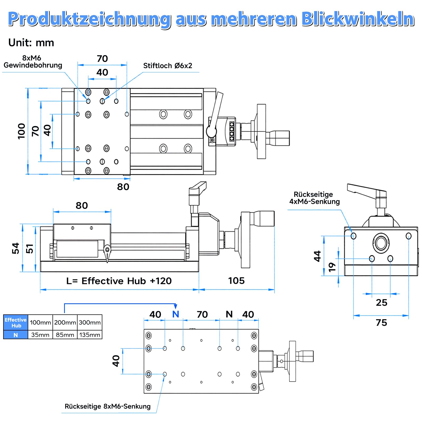 Manuelle Linearachse Typ T 100 mm breite doppelte Linearschienenplattform 100 mm silberfarben 1